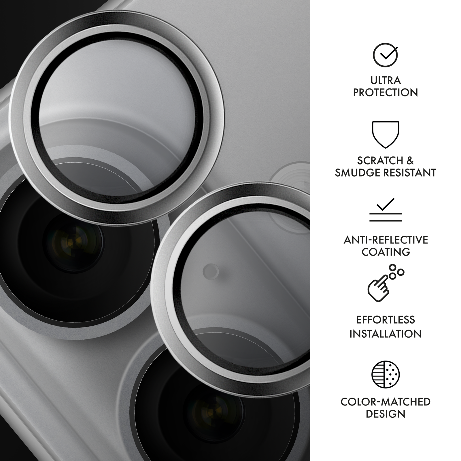 Zbliżenie na osłonę obiektywu aparatu w telefonie.  Zawiera ultra ochronę, odporność na zarysowania, antyrefleksyjność.