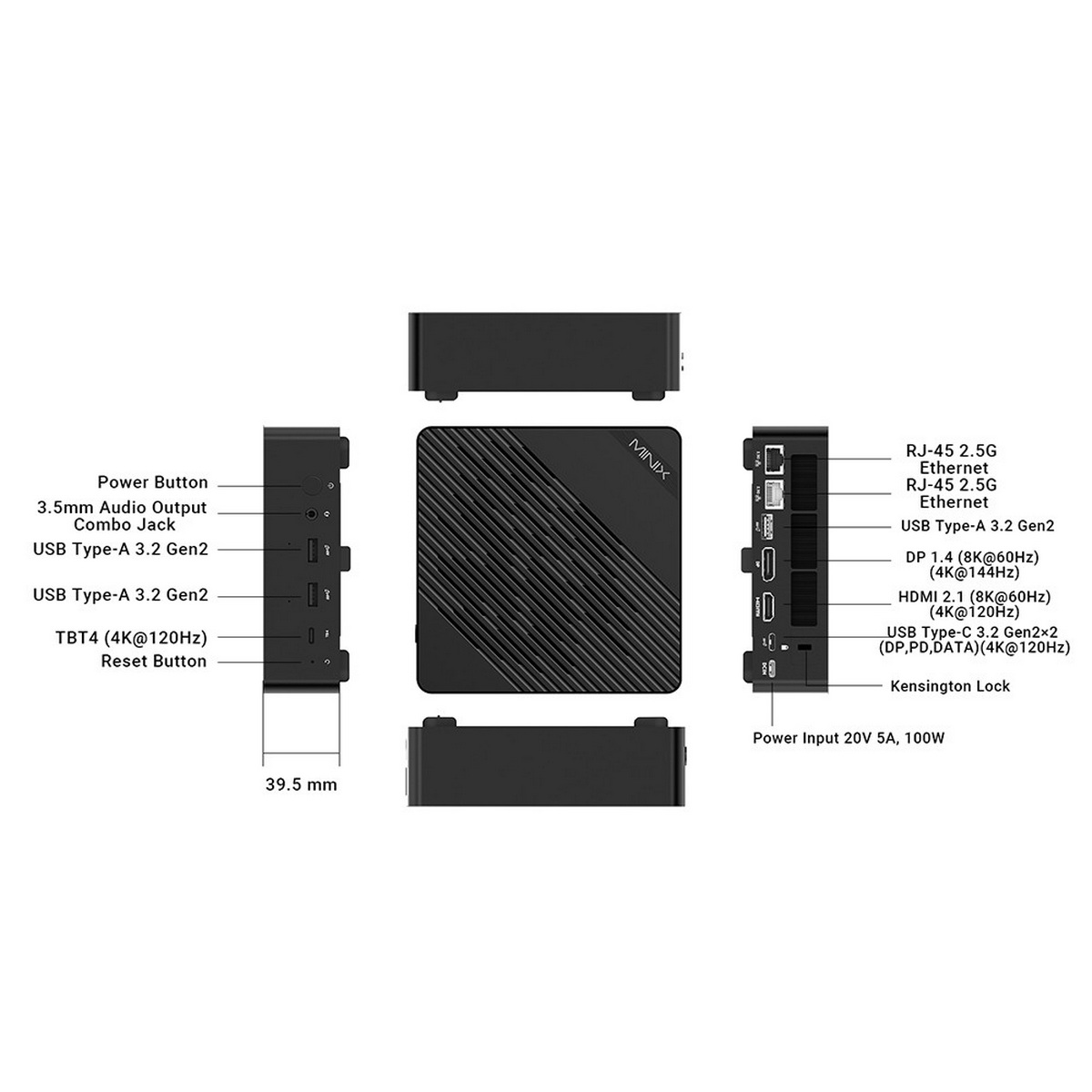 Schemat czarnego komputera z portami, wymiarami i etykietami.