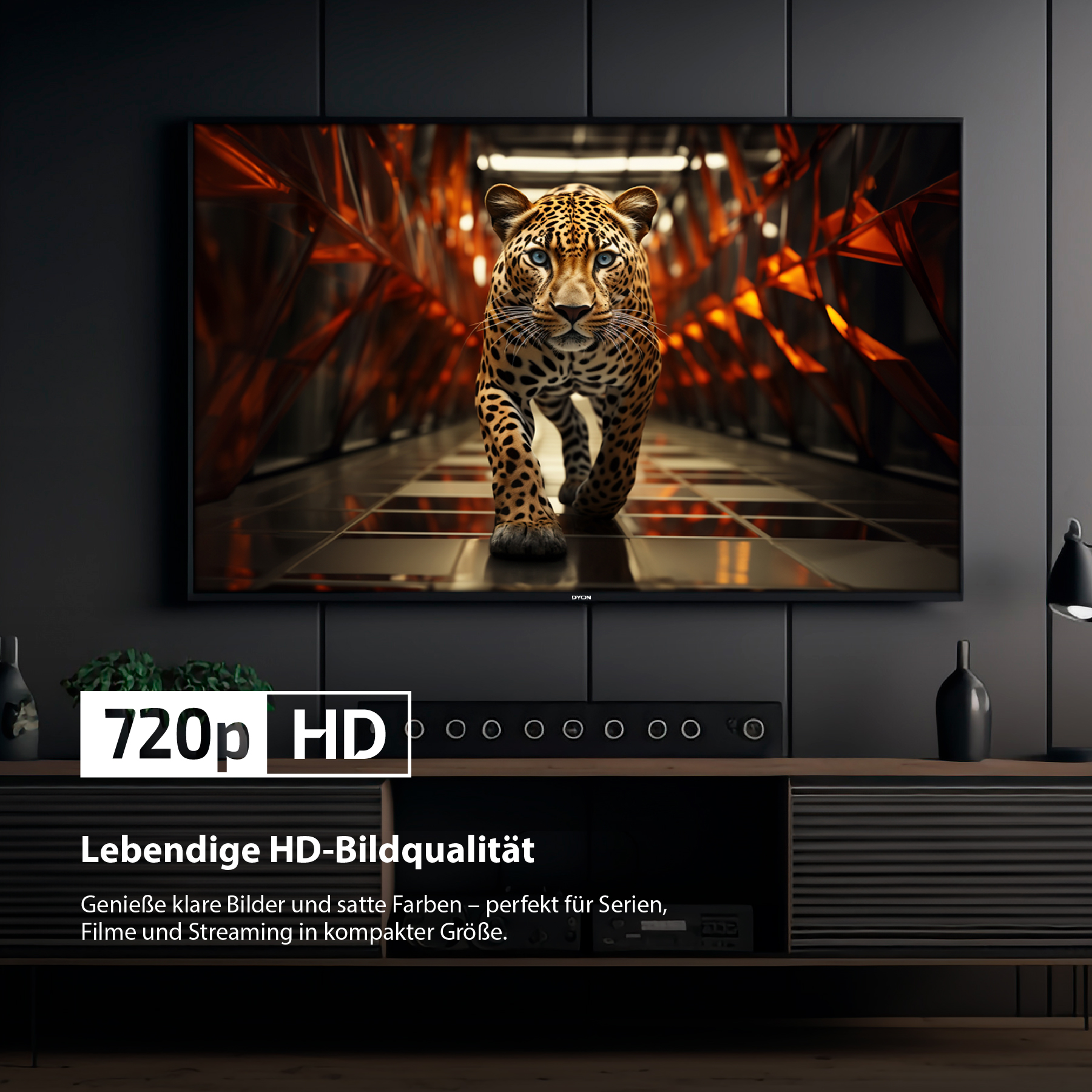 Ein Fernseher zeigt einen Leoparden, der auf den Betrachter zugeht. Der Text '720p HD' und 'Lebendige HD-Bildqualität' sind vorhanden.