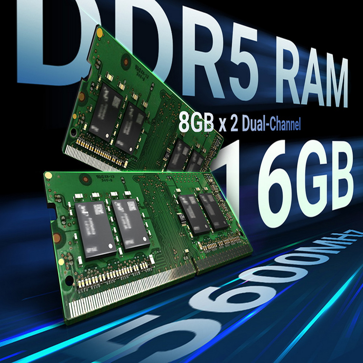 Zwei DDR5-RAM-Module mit der Aufschrift '8GB x 2 Dual-Channel' und '16GB'. Die Geschwindigkeit beträgt 5600 MHz.