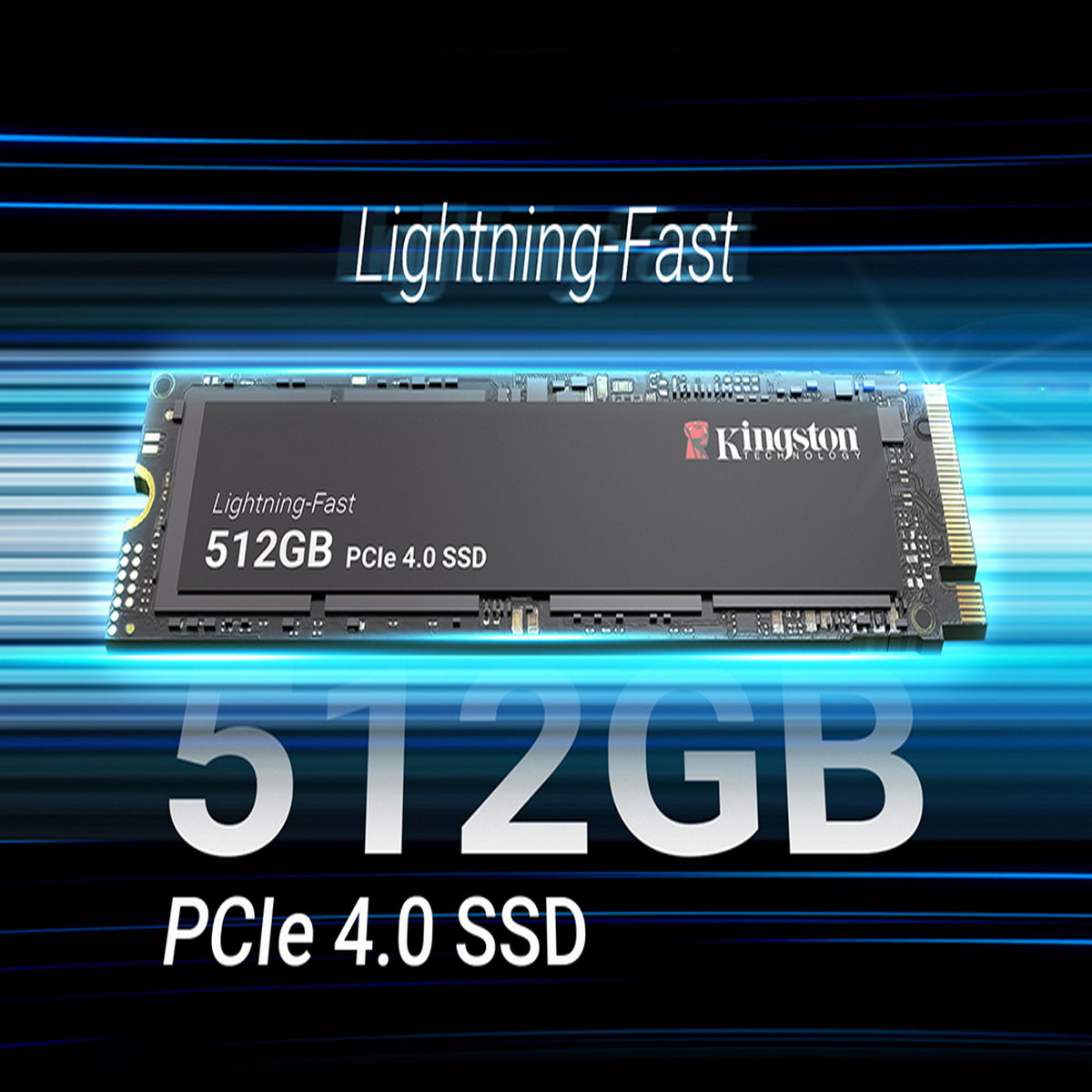 Eine 512GB PCIe 4.0 SSD mit der Aufschrift 'Lightning-Fast' und dem Kingston-Logo, auf blauem Hintergrund dargestellt.