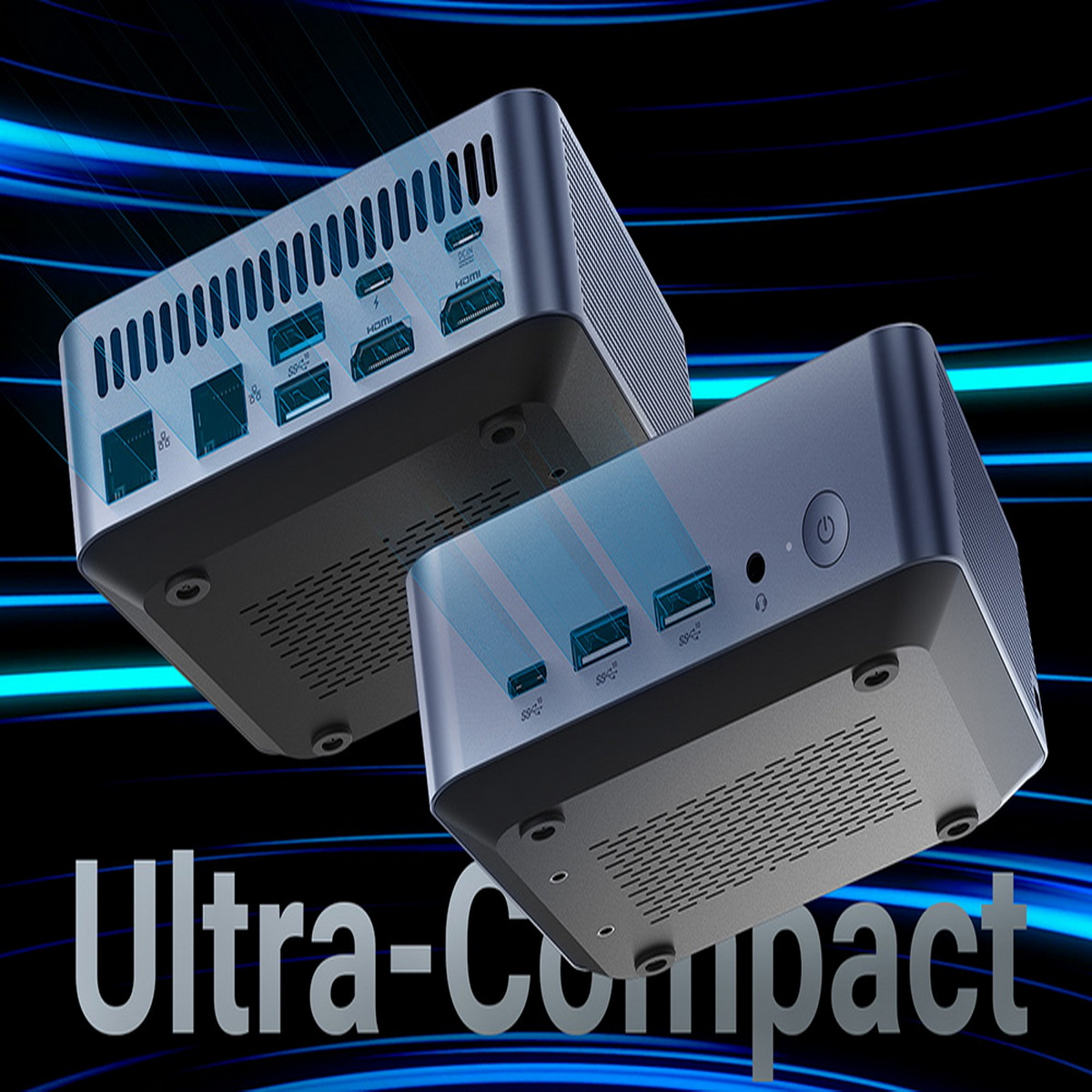 Zwei kleine, schwarze Mini-PCs auf blauem Hintergrund. Unten steht 'Ultra-Compact'.