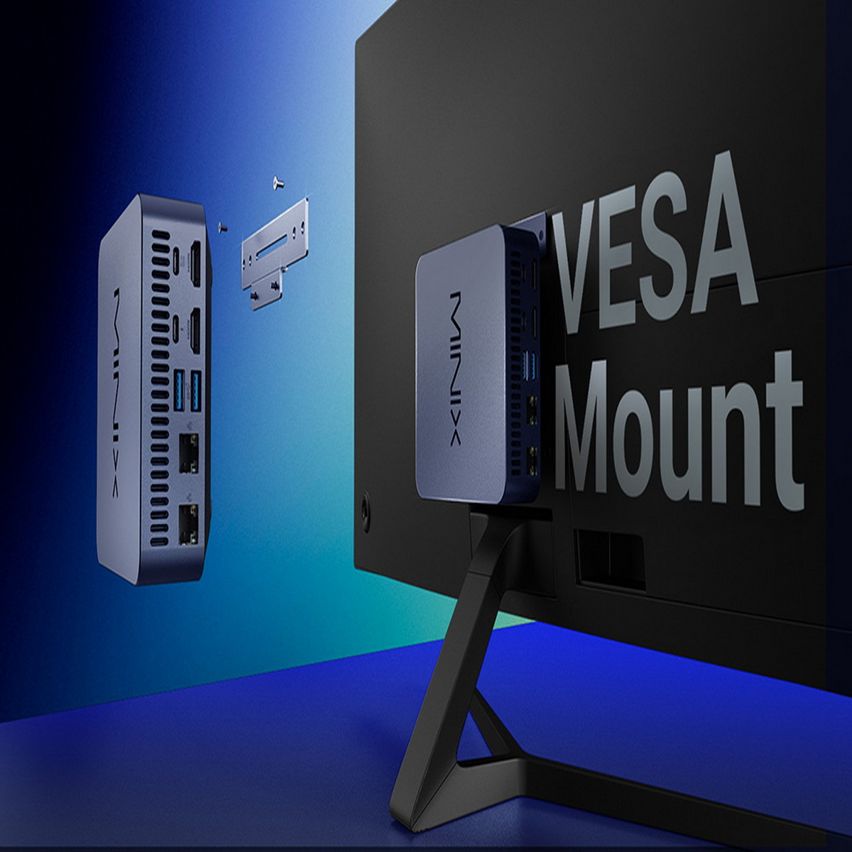 Ein Mini-PC an einem Monitor montiert, mit abgenommenem Gehäuse und Halterung.