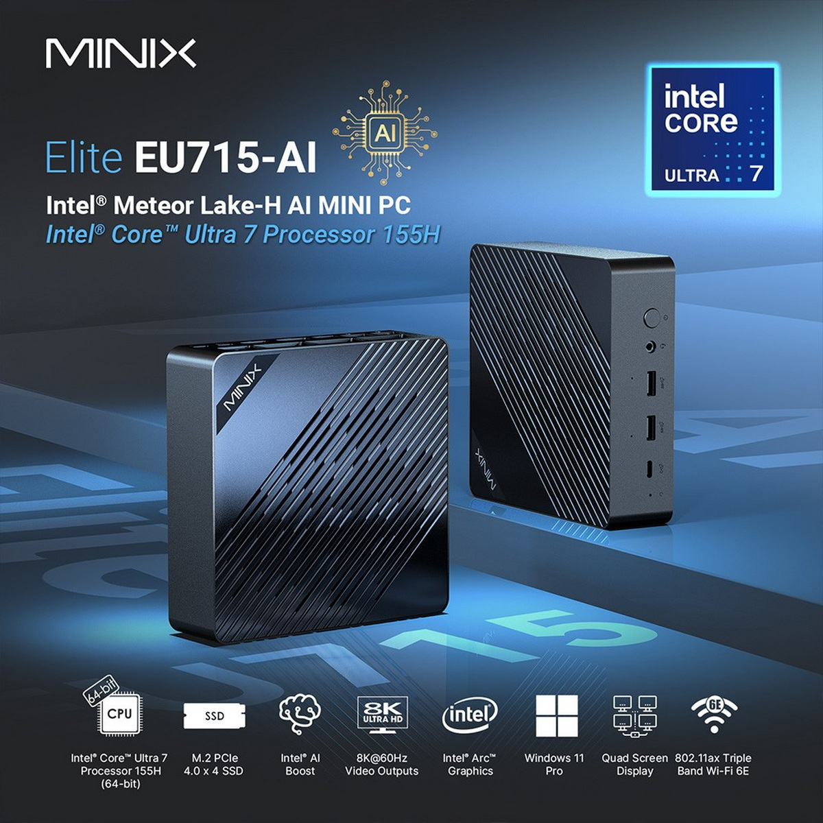 Dwa czarne mini-PC z logo i informacjami o produkcie. Jeden pokazuje porty, drugi pudełko. Tło pokazuje Intel i AI.