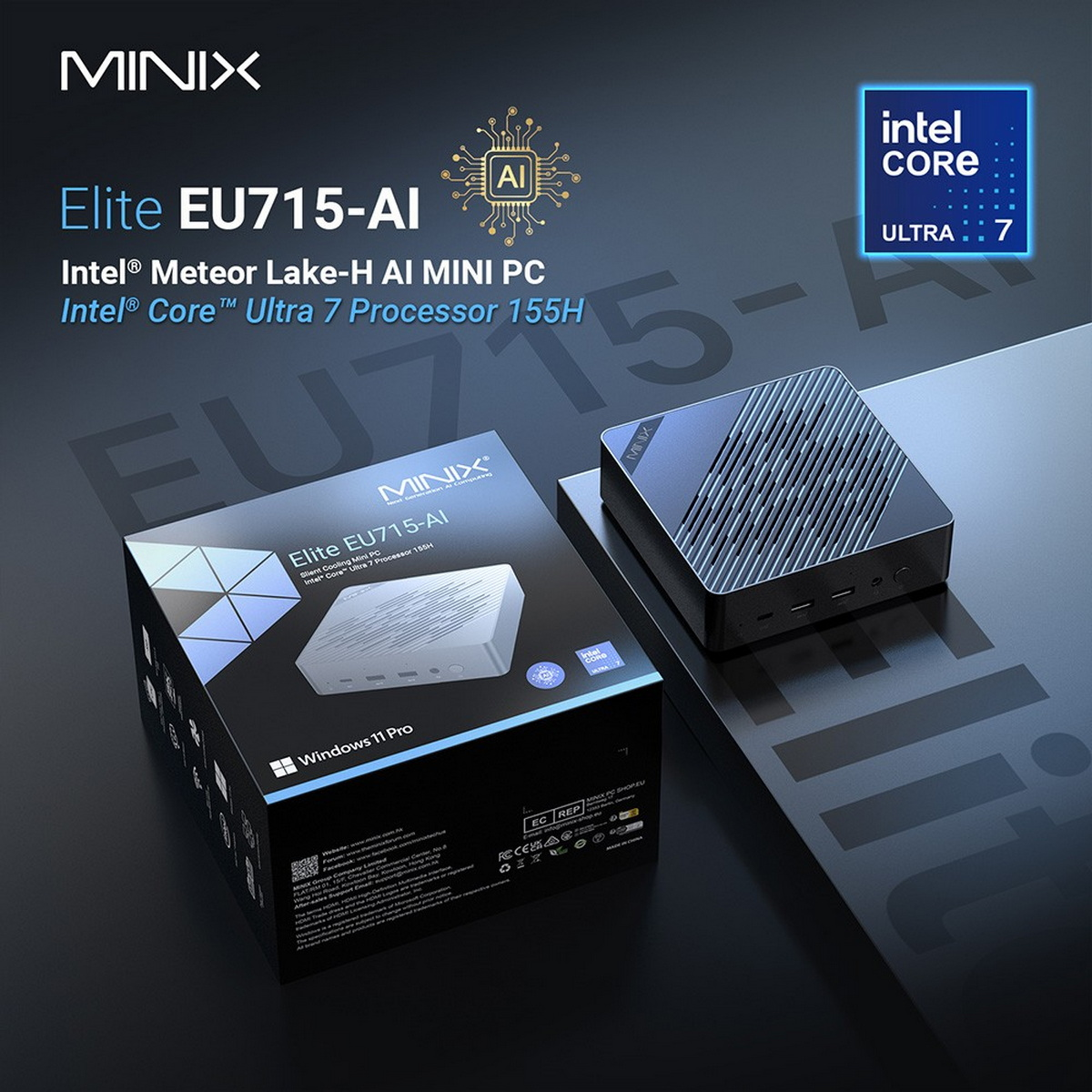 Czarny mini-PC obok pudełka. Pudełko i PC mają logo i informacje o produkcie. Pokazano Windows 11 Pro.