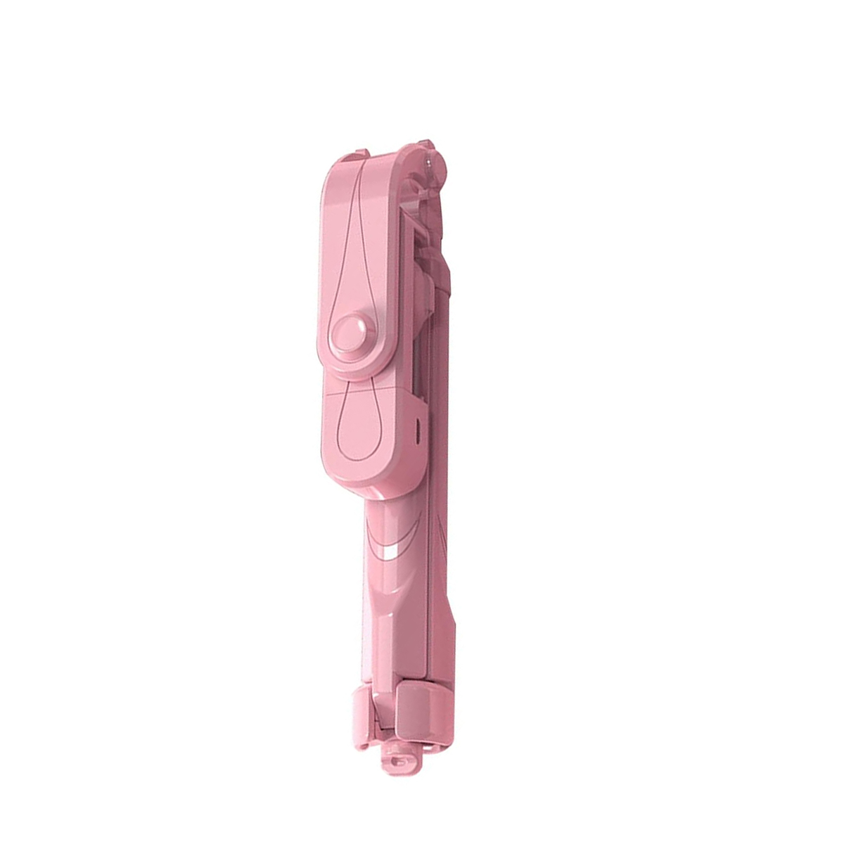 Ein pinkfarbener Selfie-Stick, zusammengeklappt und geschlossen, vor weißem Hintergrund.