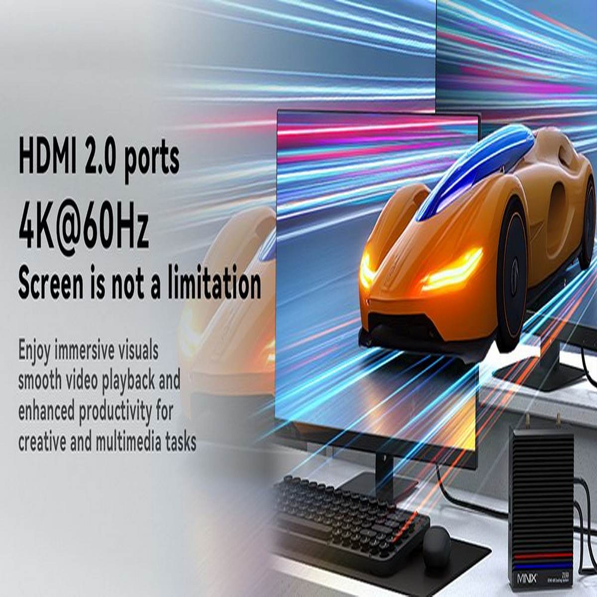 Elegancki pomarańczowy samochód sportowy na ekranie z mini PC w prawym dolnym rogu, reklamujący porty HDMI 2.0.