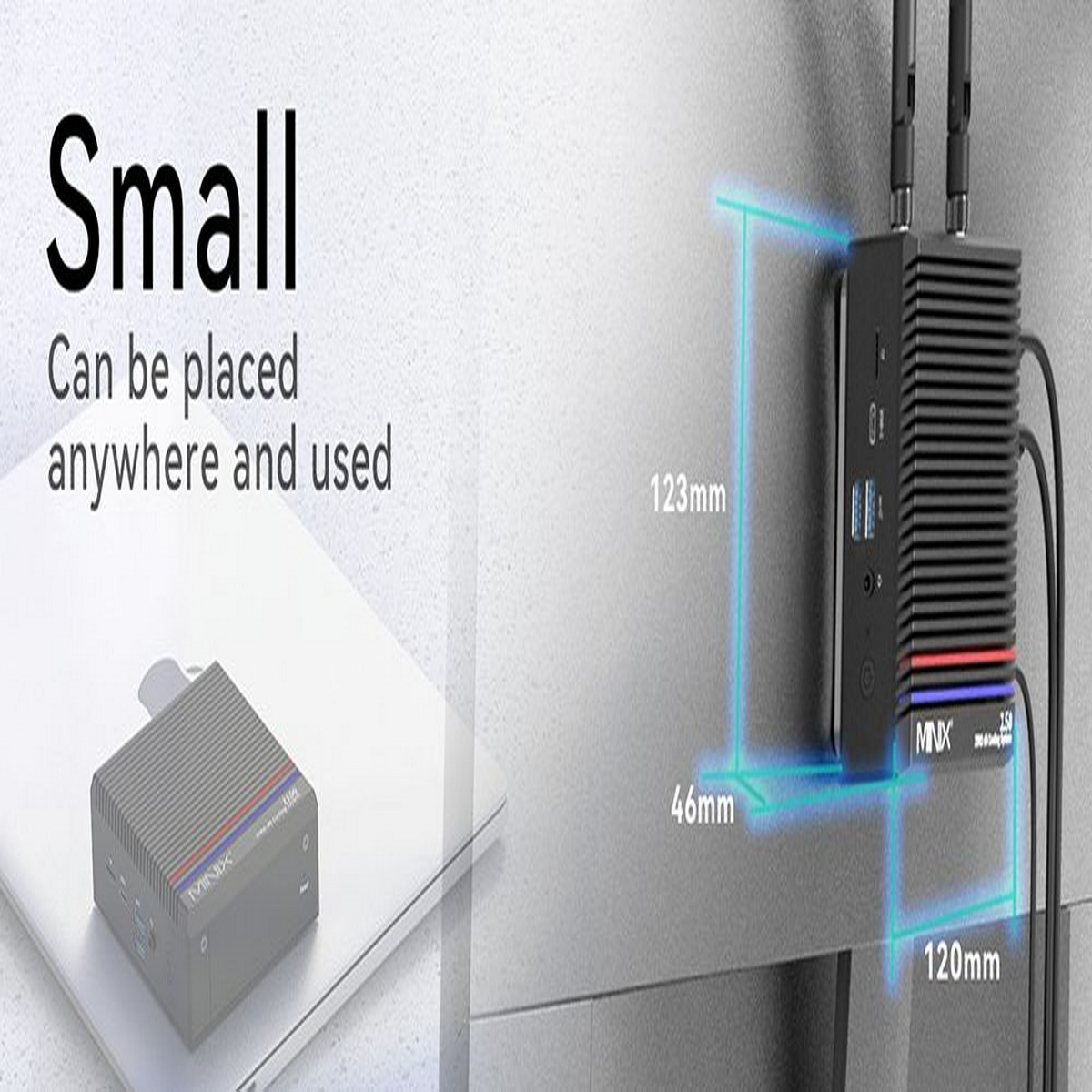 Mini PC obok laptopa na białej powierzchni oraz wymiary z pomiarami wysokości, szerokości i głębokości.