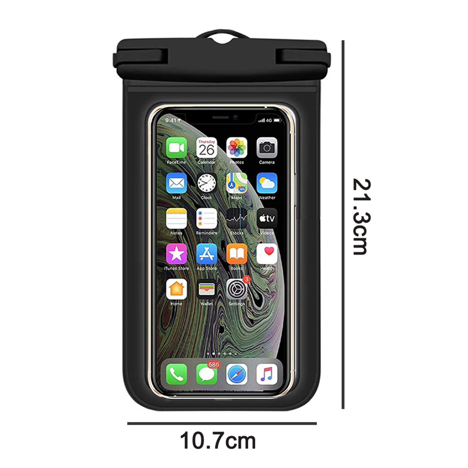Eine schwarze, wasserdichte Handytasche mit einem Telefon darin, das Datum und Symbole anzeigt, mit Abmessungen an der Seite.