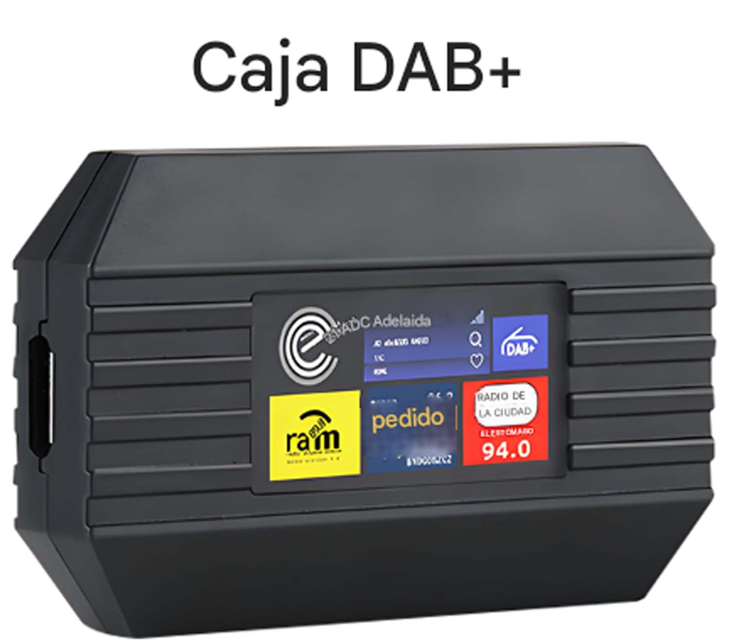 Una caja receptora de radio digital DAB+ negra con una pequeña pantalla que muestra información de radio.