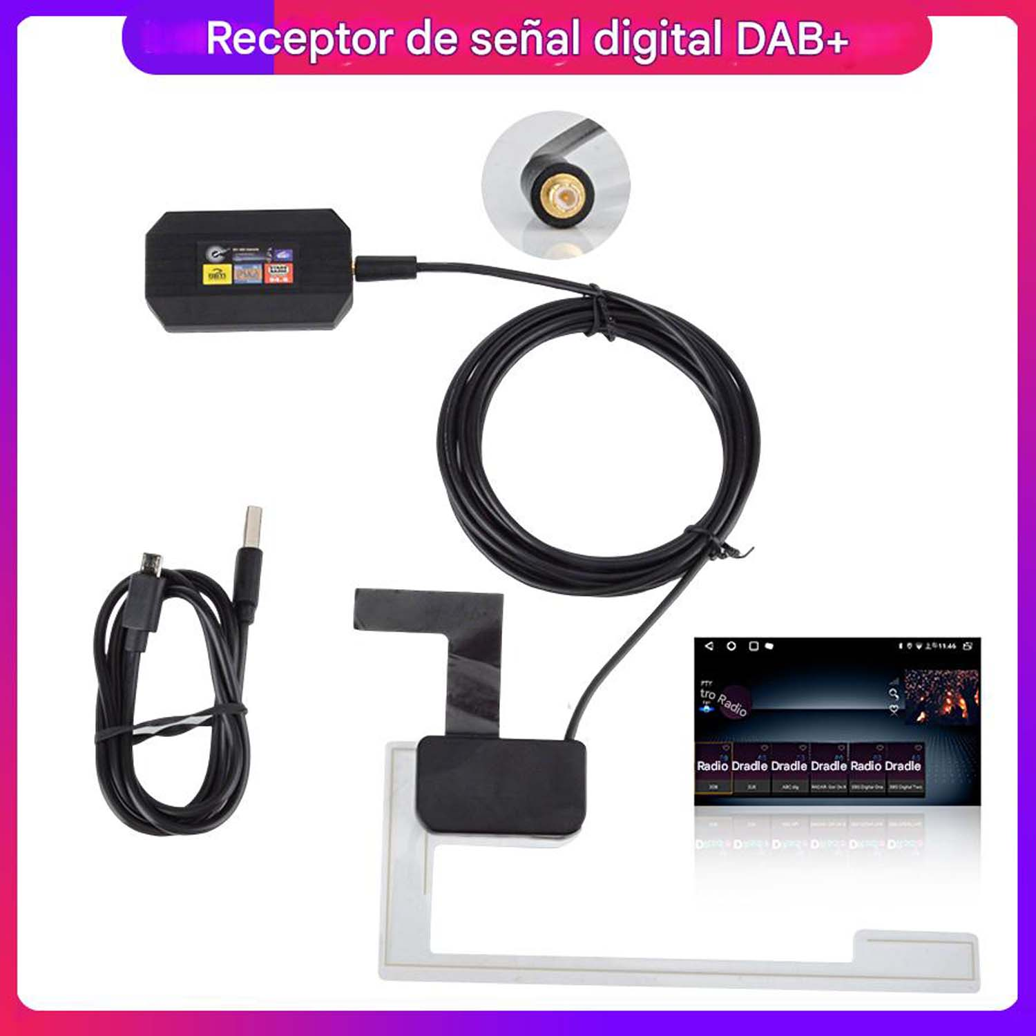 Un receptor de radio digital con una carcasa negra y una pantalla. Está conectado a varios cables.