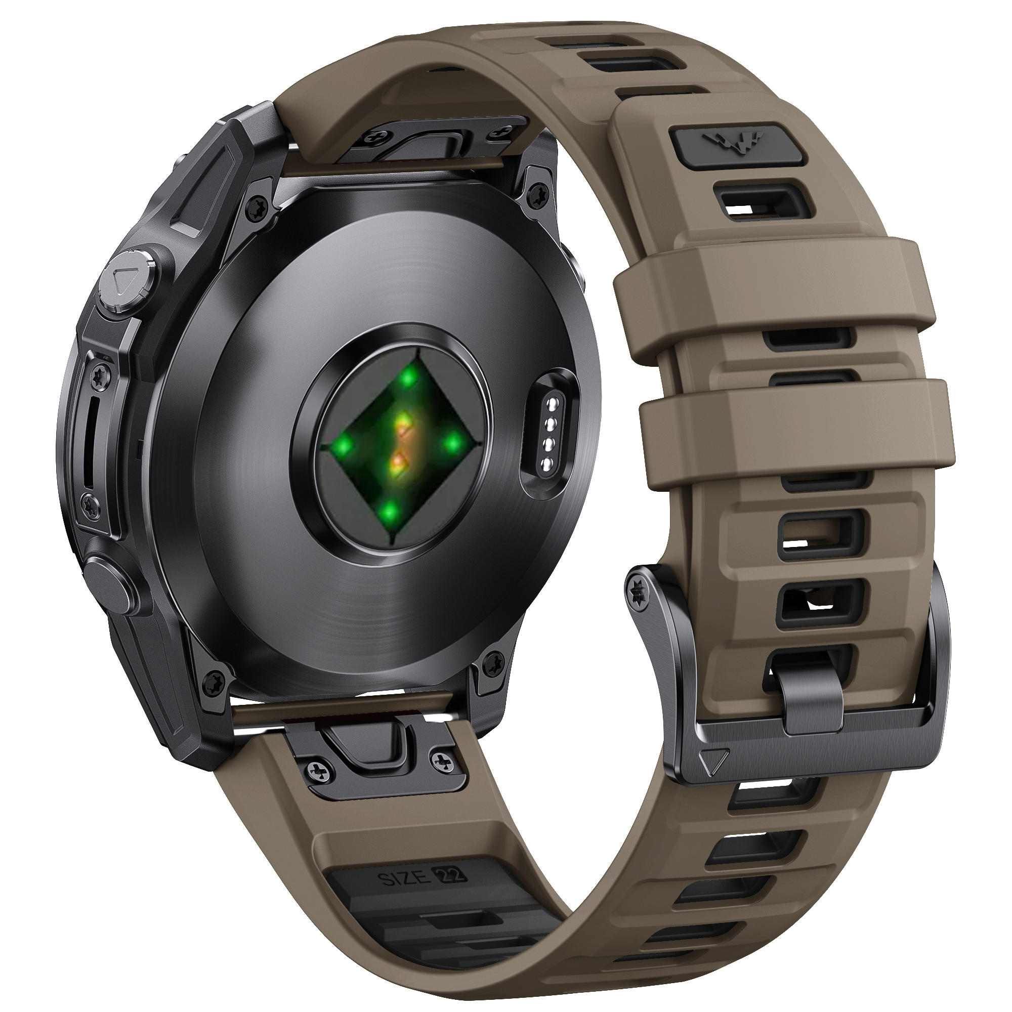 Retro dello smartwatch con cinturino marrone. Il retro mostra sensori e contatti di ricarica. Il cinturino è marrone.