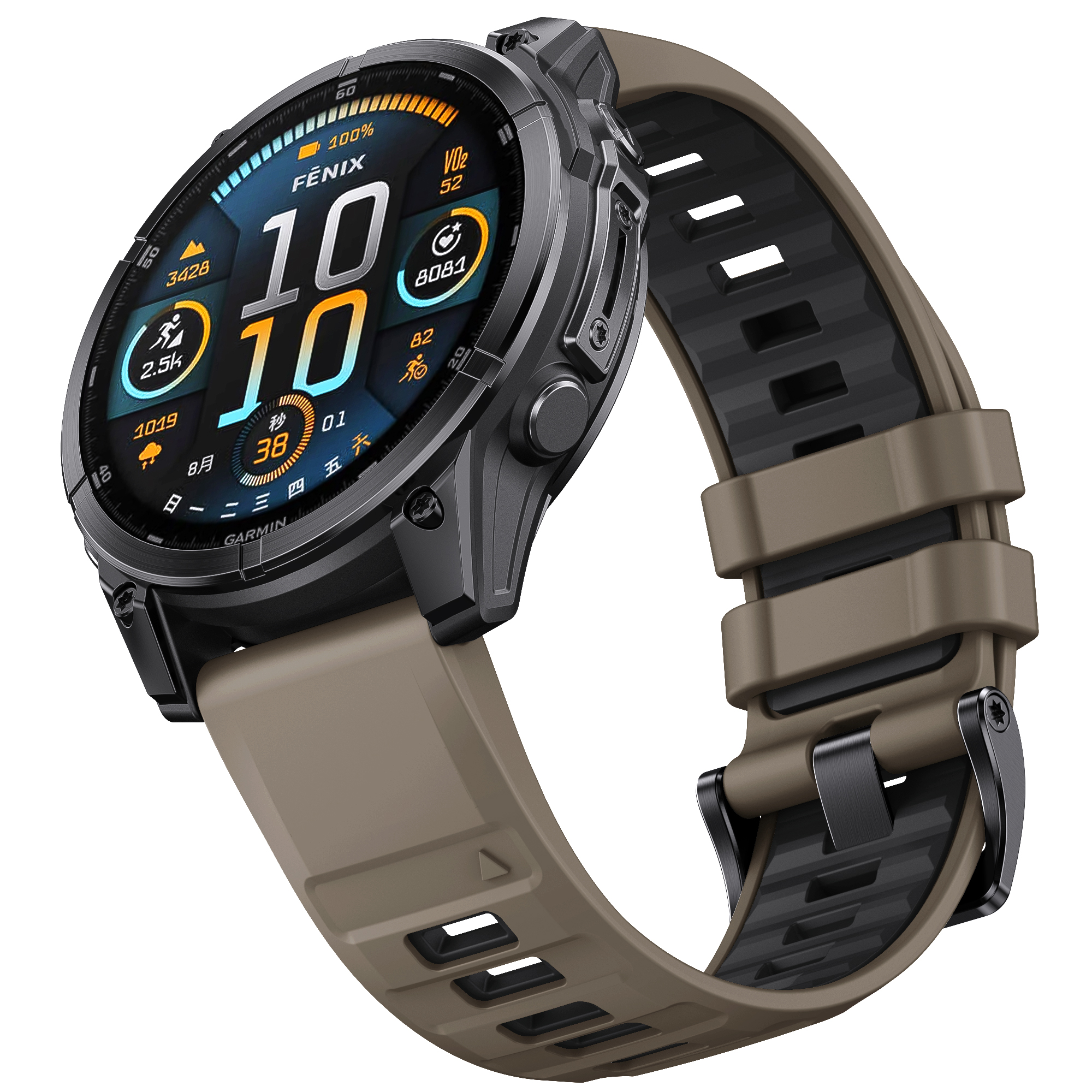 Vista laterale di uno smartwatch nero con cinturino marrone. L'orologio ha pulsanti e uno schermo.