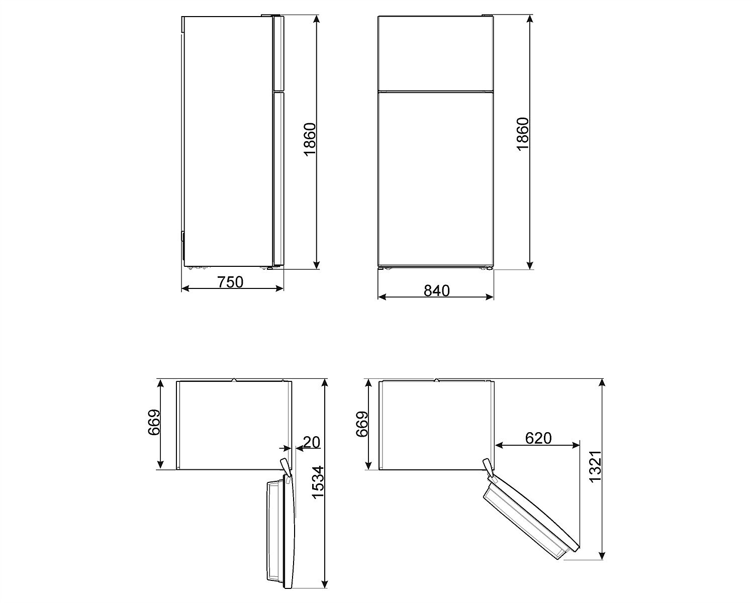 Dibujo técnico de un refrigerador. Muestra vistas frontal y lateral con dimensiones en milímetros.