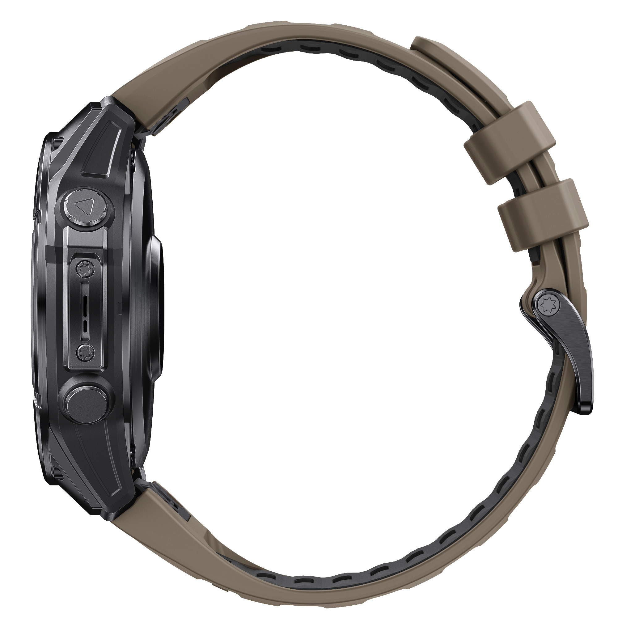 Smartwatch verde e nero con cinturino verde. Mostra ora, data e metriche di salute.