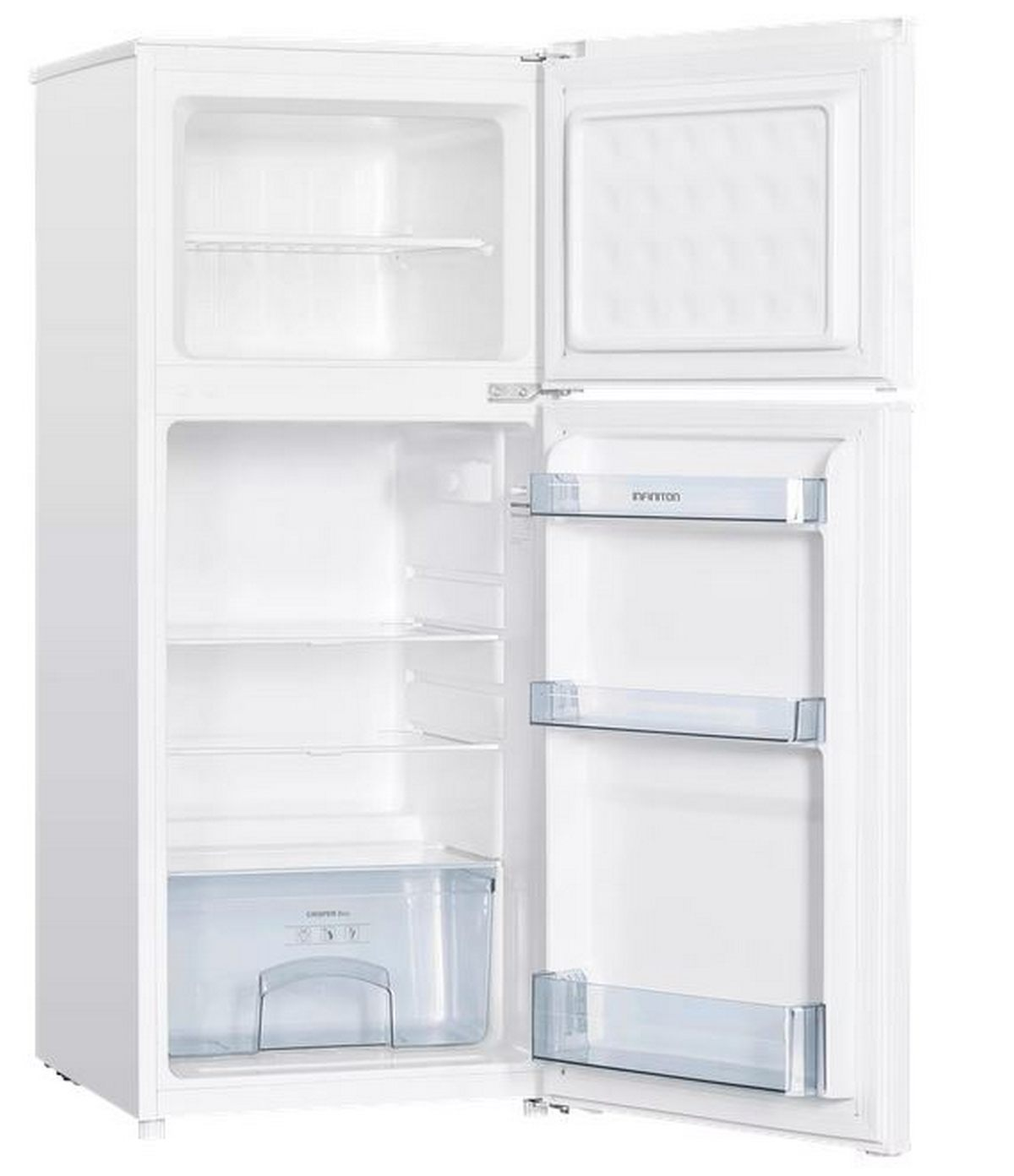 Refrigerador blanco con puertas abiertas. Interior con estantes, cajones y un compartimento congelador.