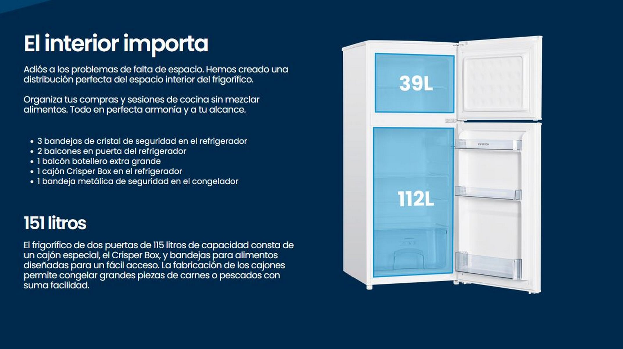 Interior de un refrigerador blanco con áreas resaltadas en azul. Muestra compartimentos con detalles de capacidad.