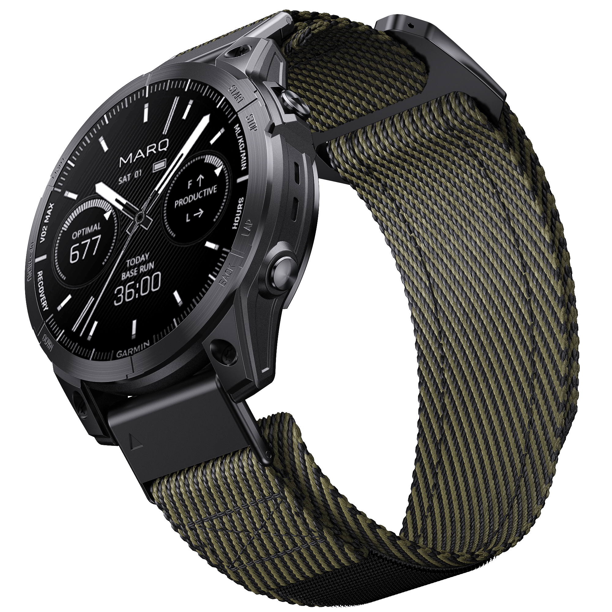Schwarze Smartwatch mit grünem Armband. Die Uhr zeigt Zeit und Gesundheitsmetriken an. Text: MARQ, Garmin.