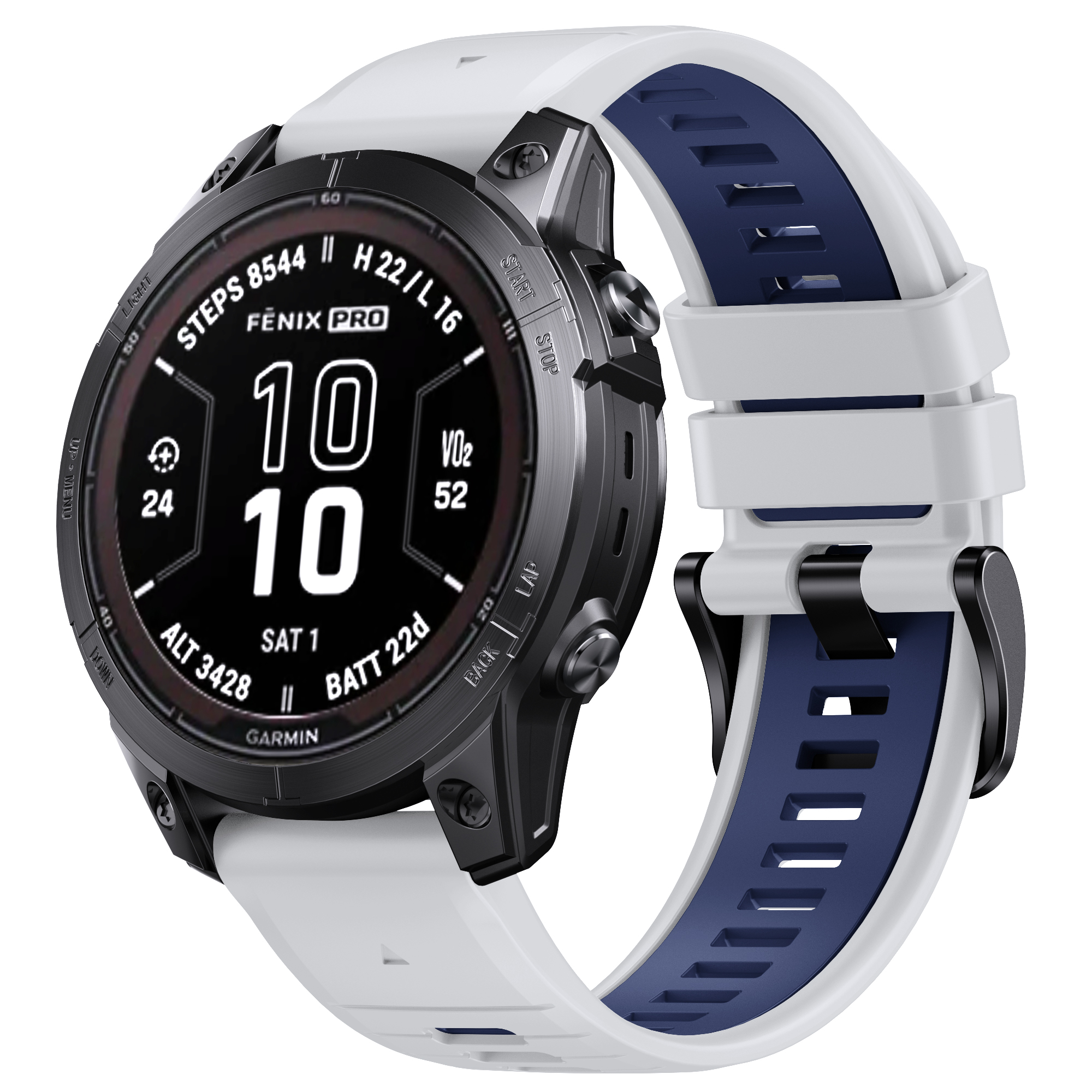 Schwarze Smartwatch mit weißem Armband. Uhr zeigt Zeit, Schritte und Gesundheitsmetriken an. Text: FENIX PRO.
