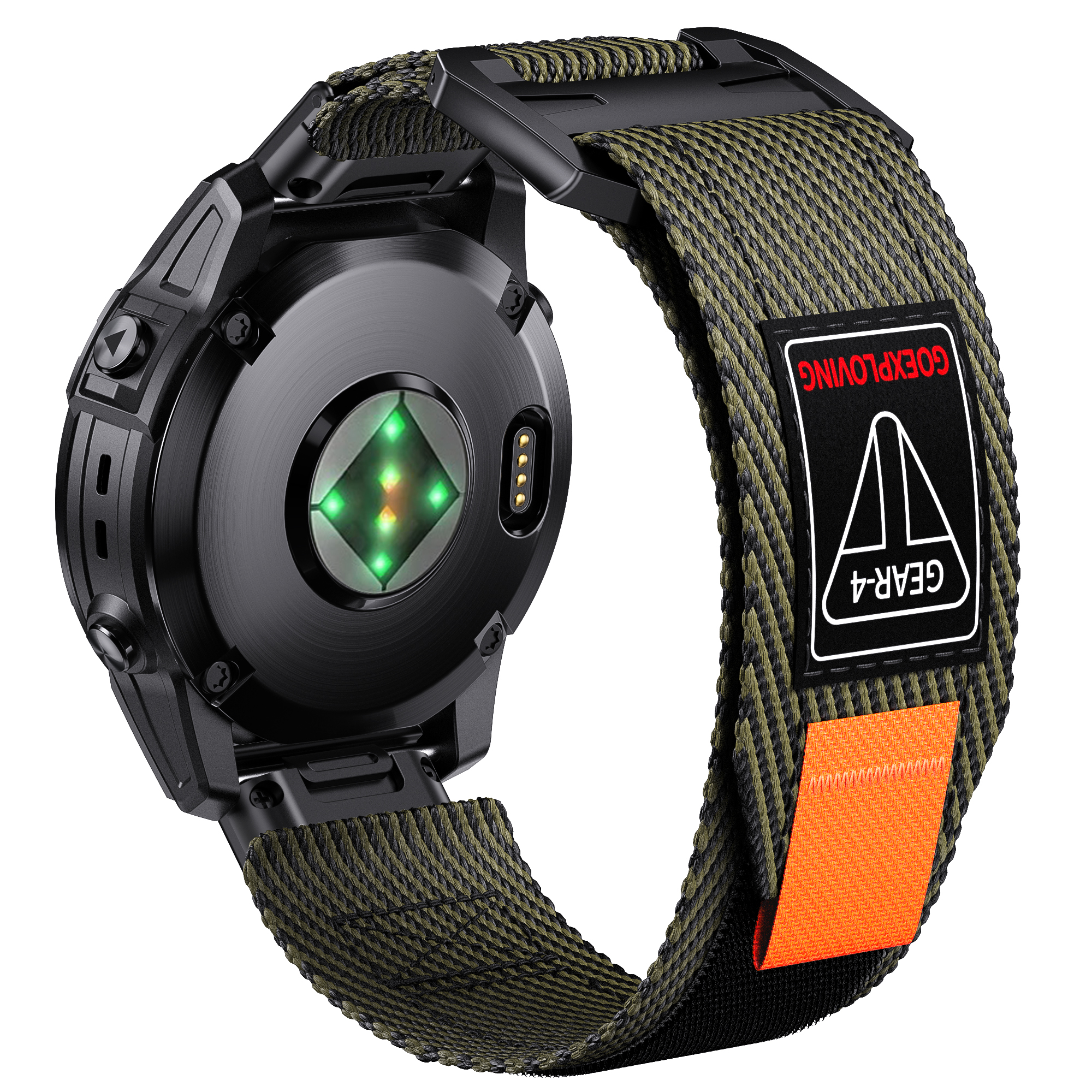 Rückansicht einer schwarzen Smartwatch mit grünem Armband. Grüne Sensorlichter und rotes Etikett.