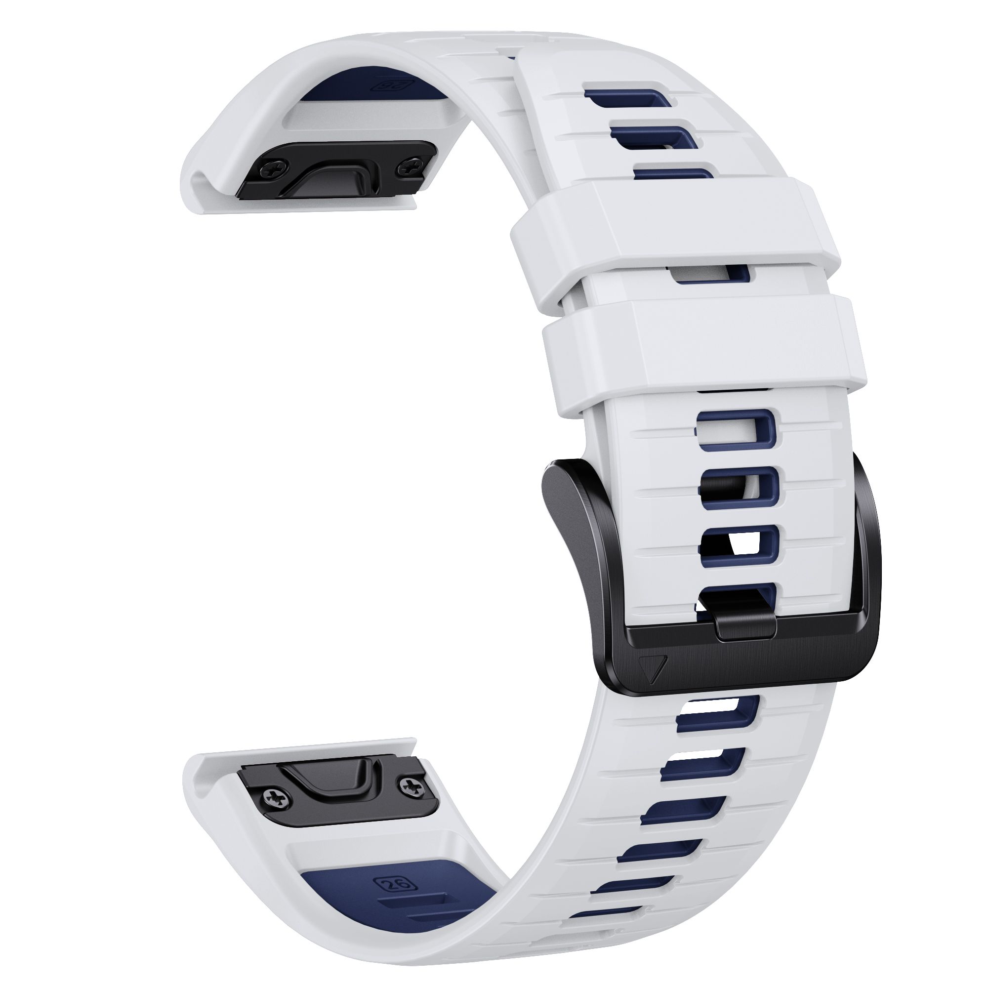 Weißes Uhrenarmband mit blauen Akzenten. Schwarze Schnalle, sichtbare Löcher, blaue Unterseite.