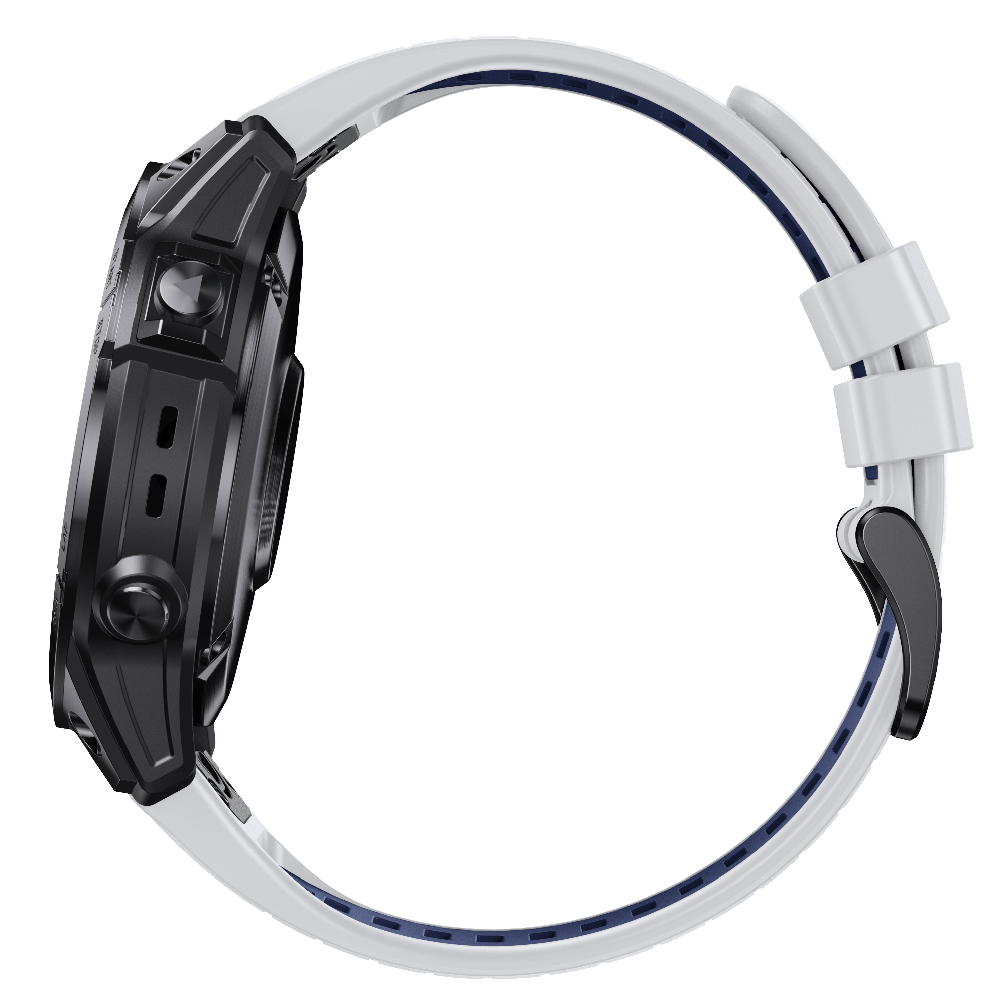 Seitenansicht einer schwarzen Smartwatch mit weißem Armband. Schwarzes Gehäuse, weißes Armband.