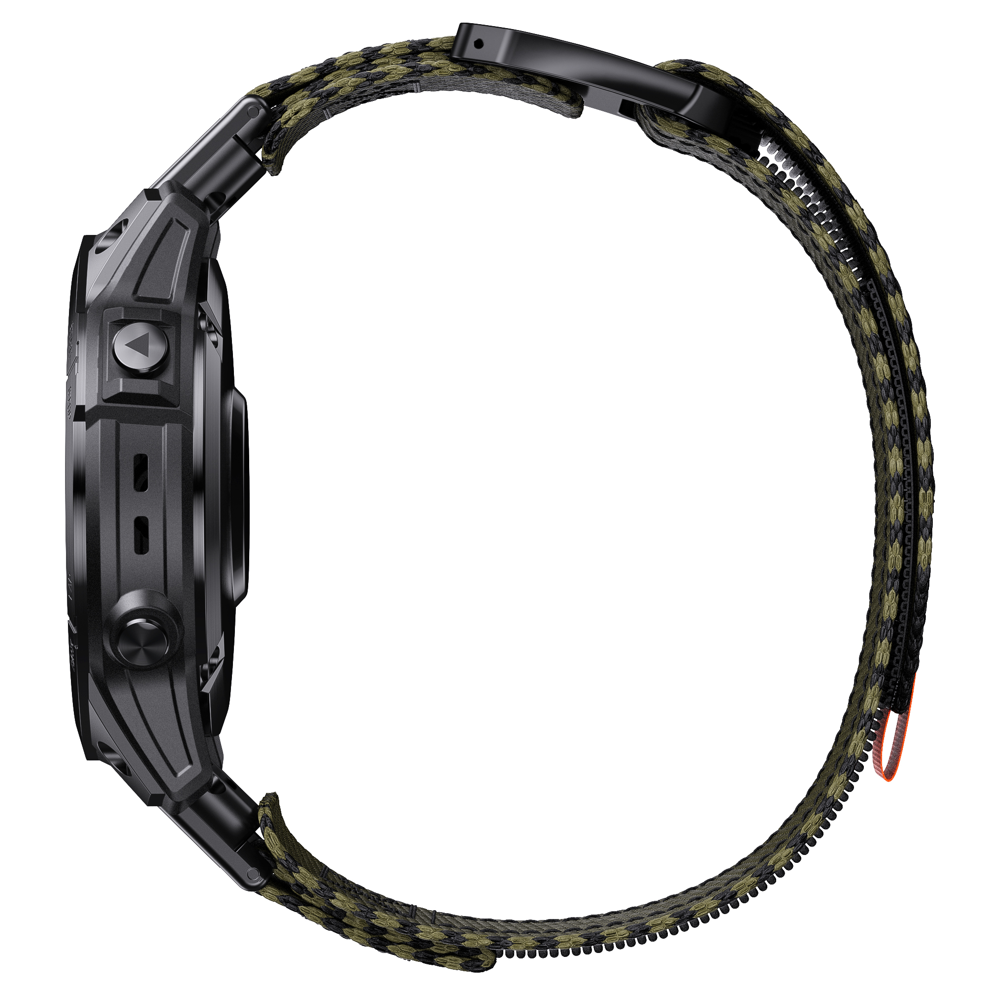 Seitenansicht einer schwarzen Smartwatch mit grünem Armband. Das Zifferblatt ist nicht sichtbar.