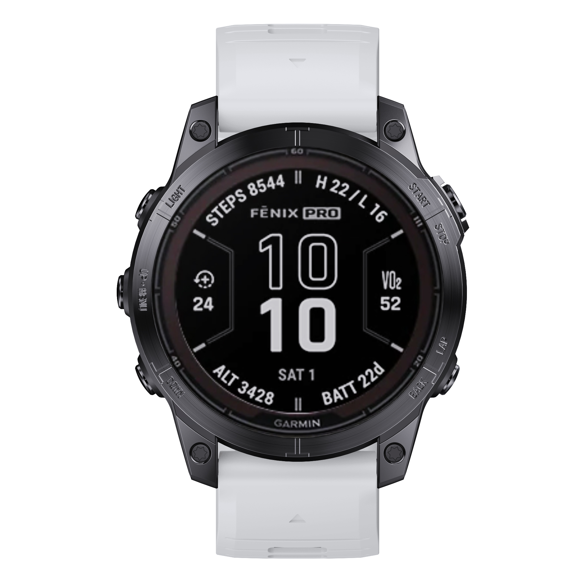 Schwarze Smartwatch mit weißem Armband. Die Uhr zeigt Zeit und Gesundheitsmetriken an. Text: FENIX PRO.
