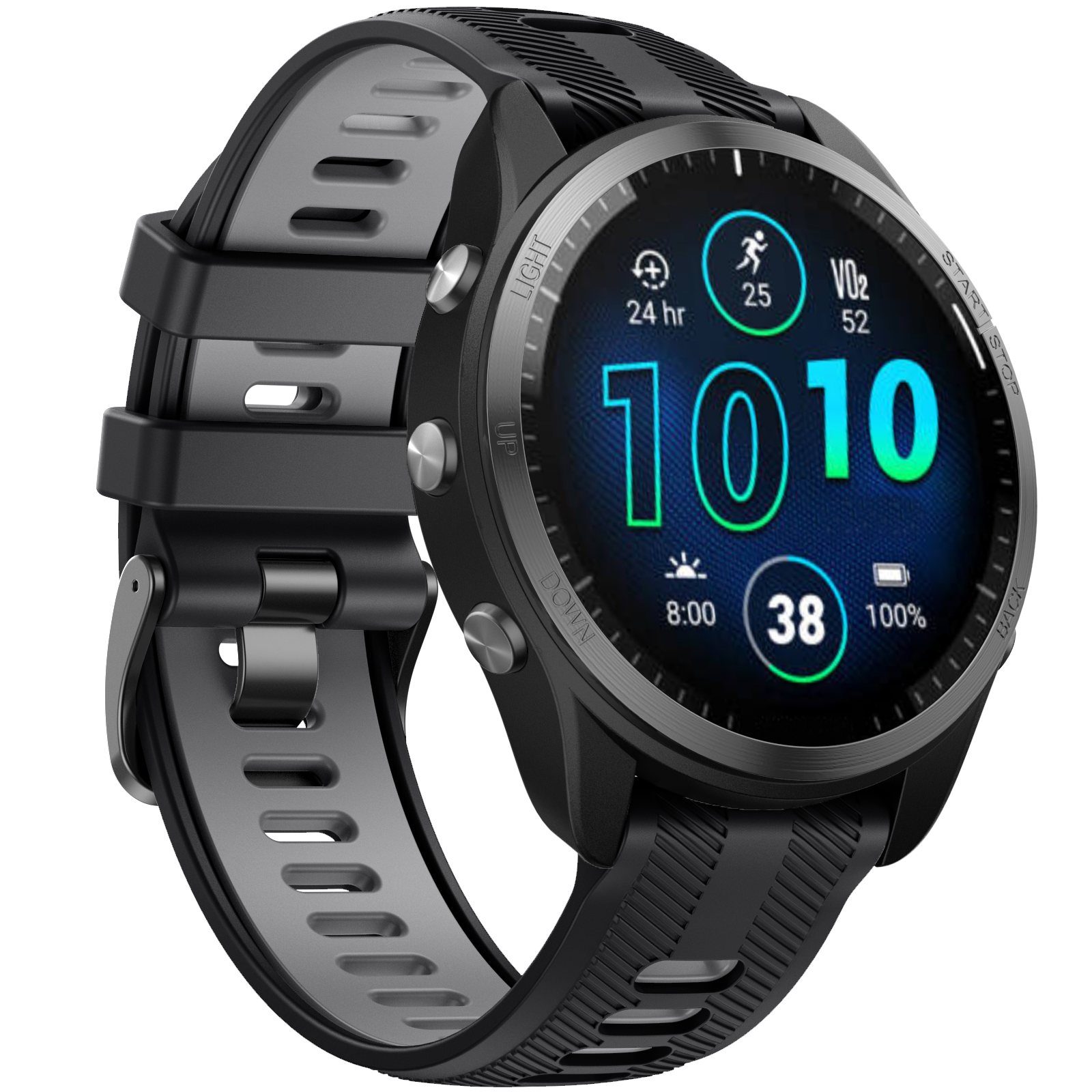 Schwarze Uhr mit grauem Armband, zeigt Metriken.