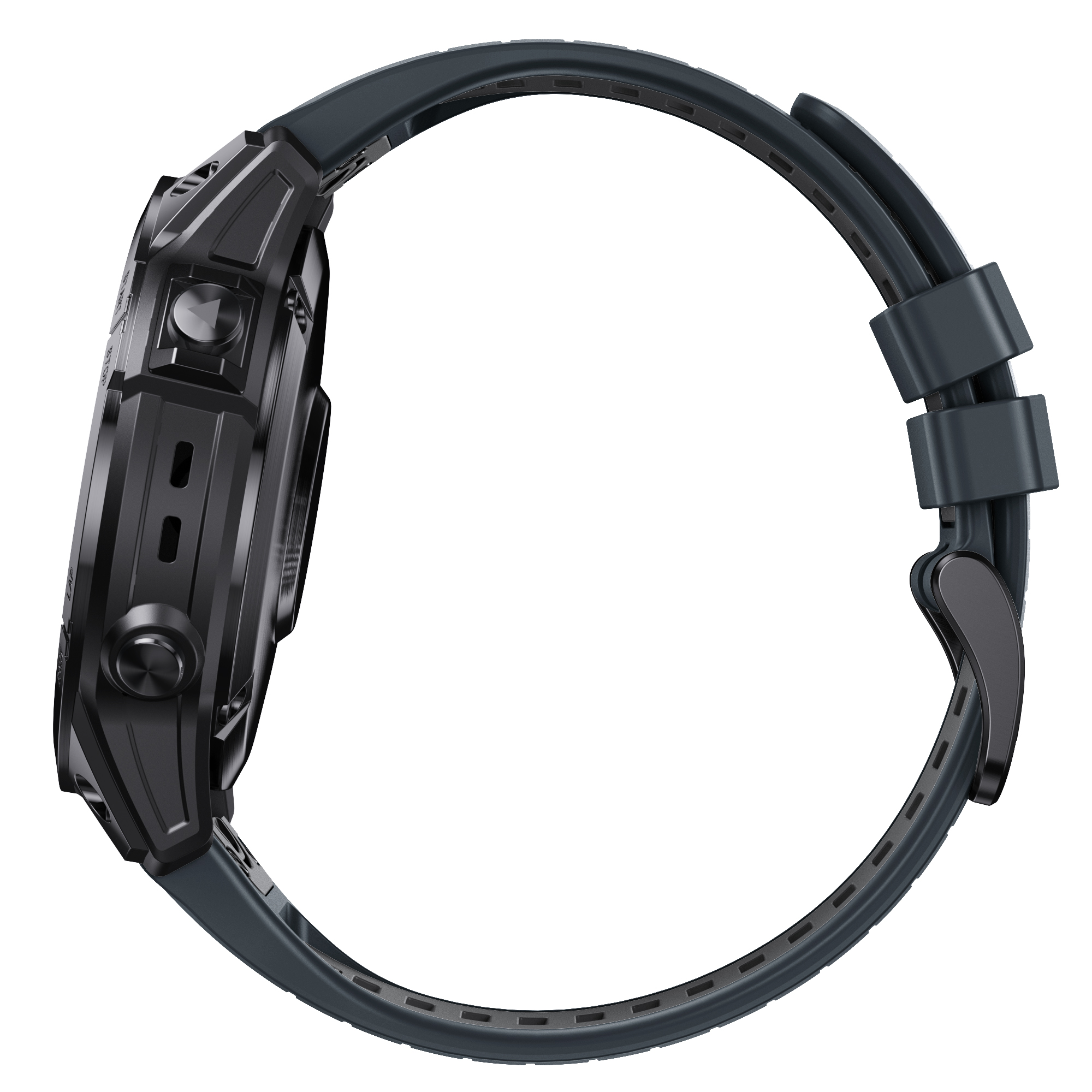 Orologio nero con cinturino grigio, vista laterale.