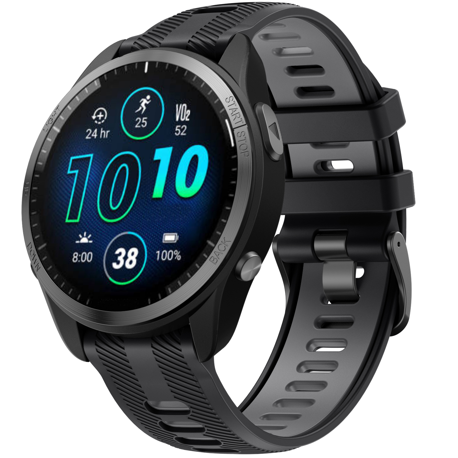 Schwarze Uhr mit grauem Armband, zeigt Metriken.