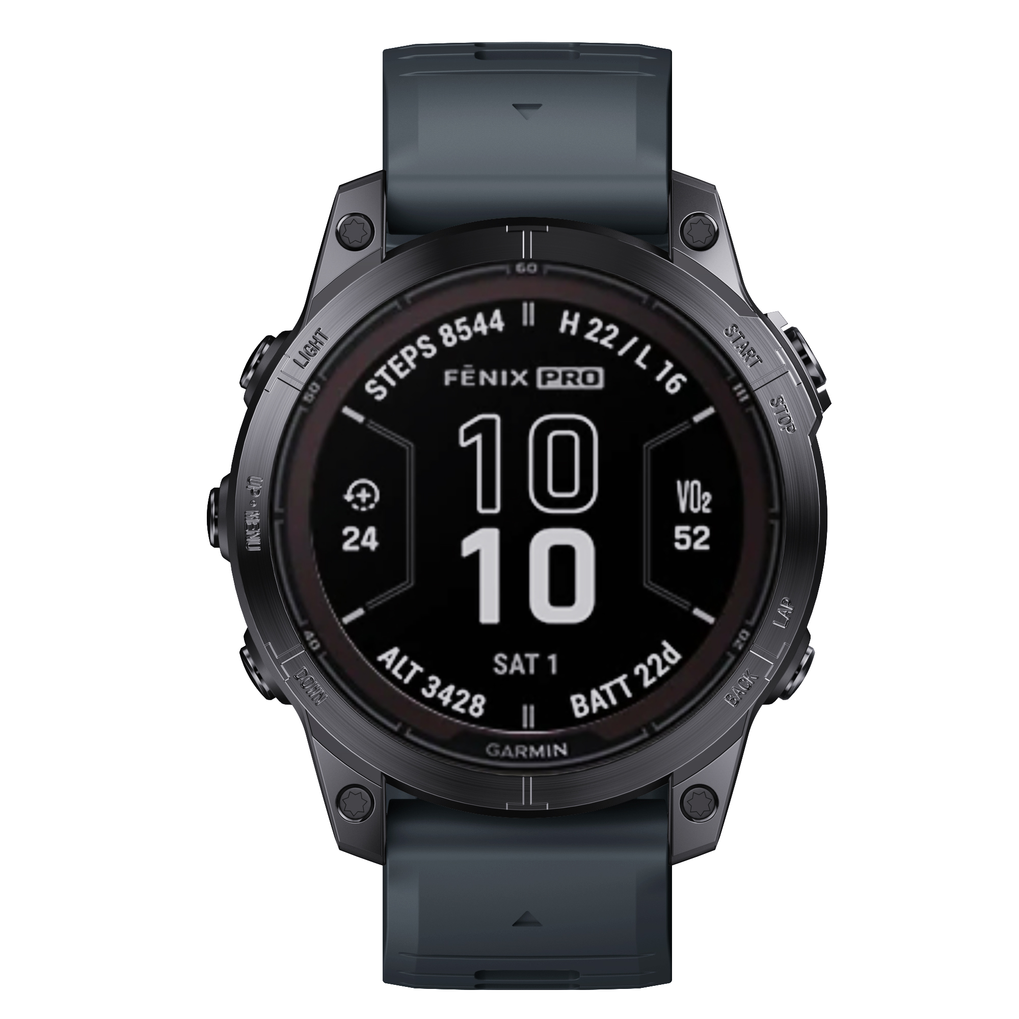 Orologio nero con cinturino grigio, mostra metriche e testo.
