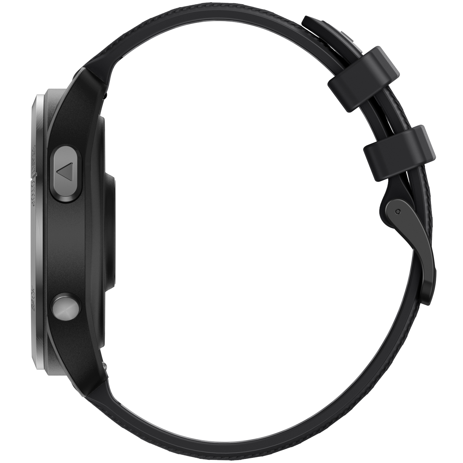 Seitenansicht einer schwarzen Smartwatch. Zeigt eine silberne Taste und ein schwarzes Armband.