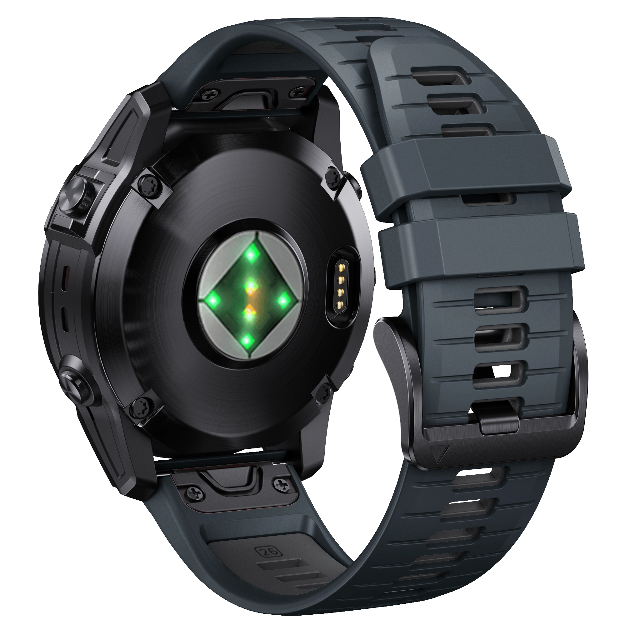 Il retro di uno smartwatch nero con cinturini grigi e neri. Mostra il sensore di frequenza cardiaca.