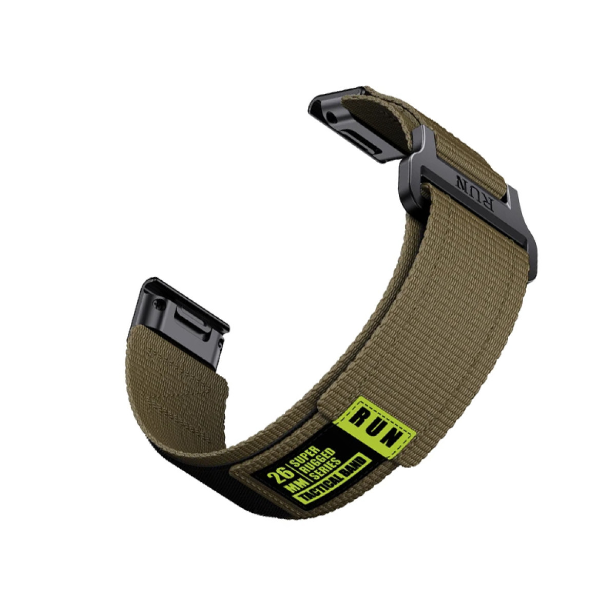 Grünes Uhrenarmband mit schwarzem Verschluss und Schnalle. Ein gelbes Etikett liest sich 'RUN' und 'TACTICAL BAND'.