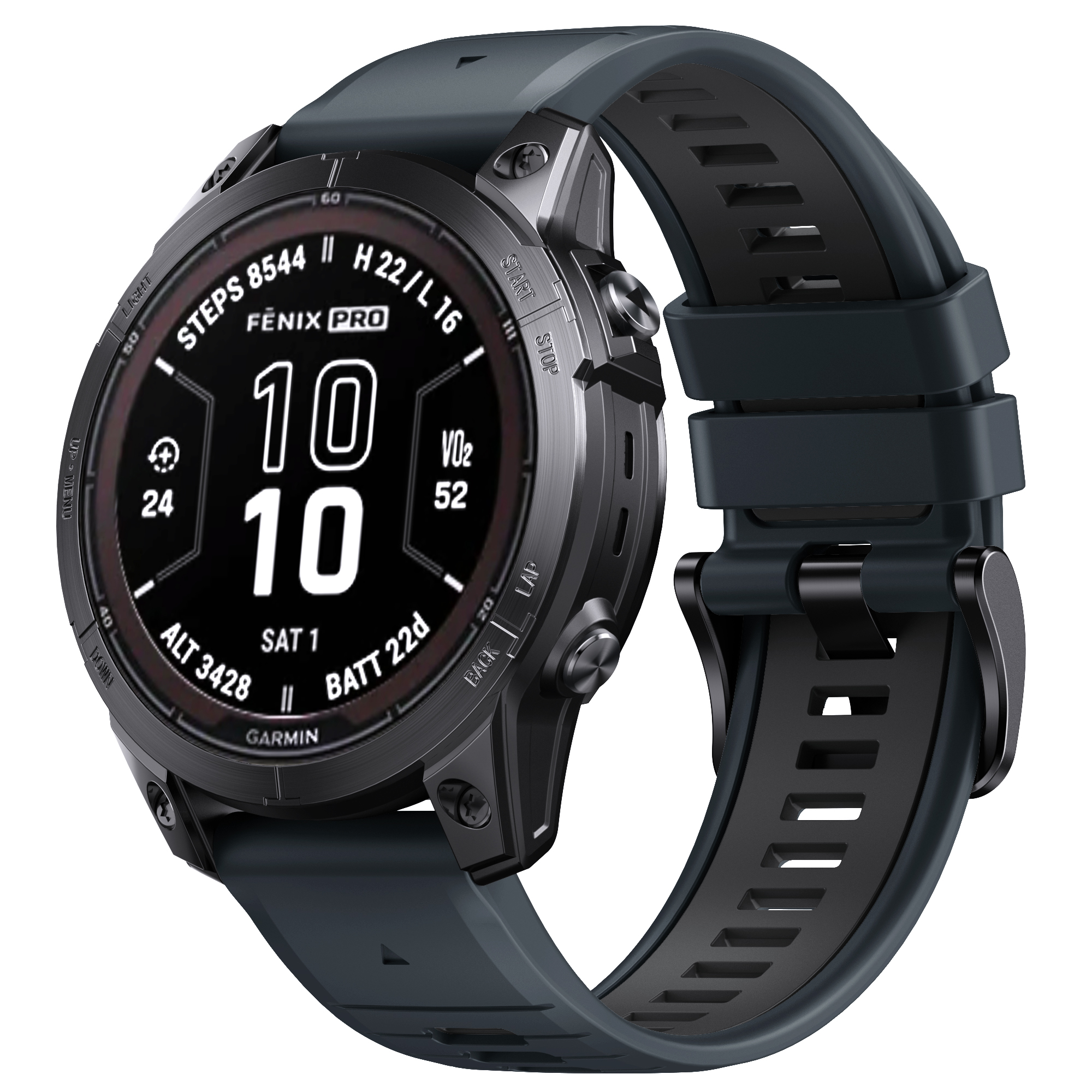 Uno smartwatch con quadrante nero e cinturino grigio scuro e nero. L'orologio visualizza i dati.