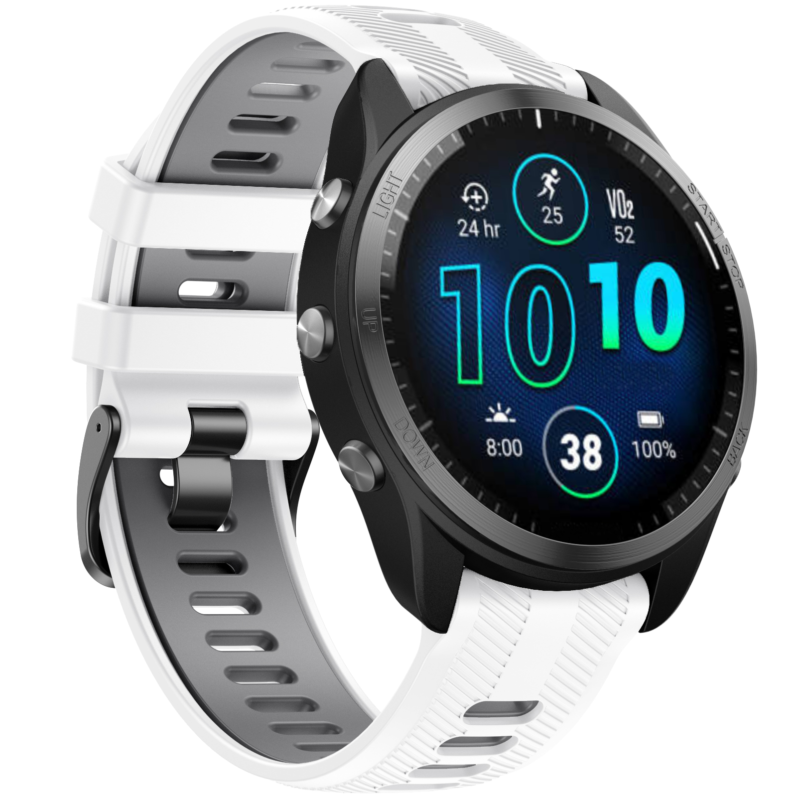 Uno smartwatch con cinturino bianco e grigio. Il quadrante mostra i dati in blu e verde.