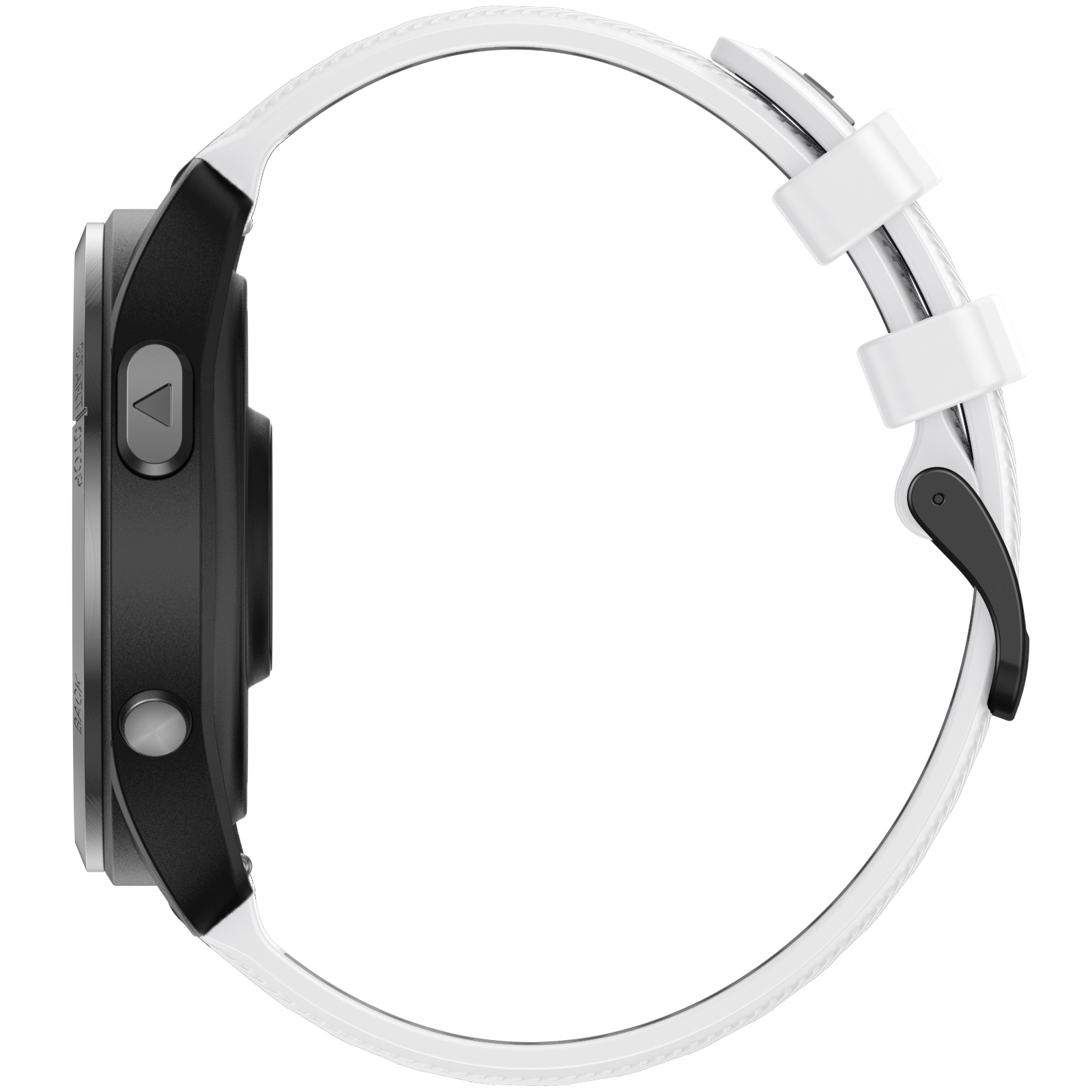 Uno smartwatch con cinturino bianco e grigio. Ha un pulsante argentato e una chiusura nera.