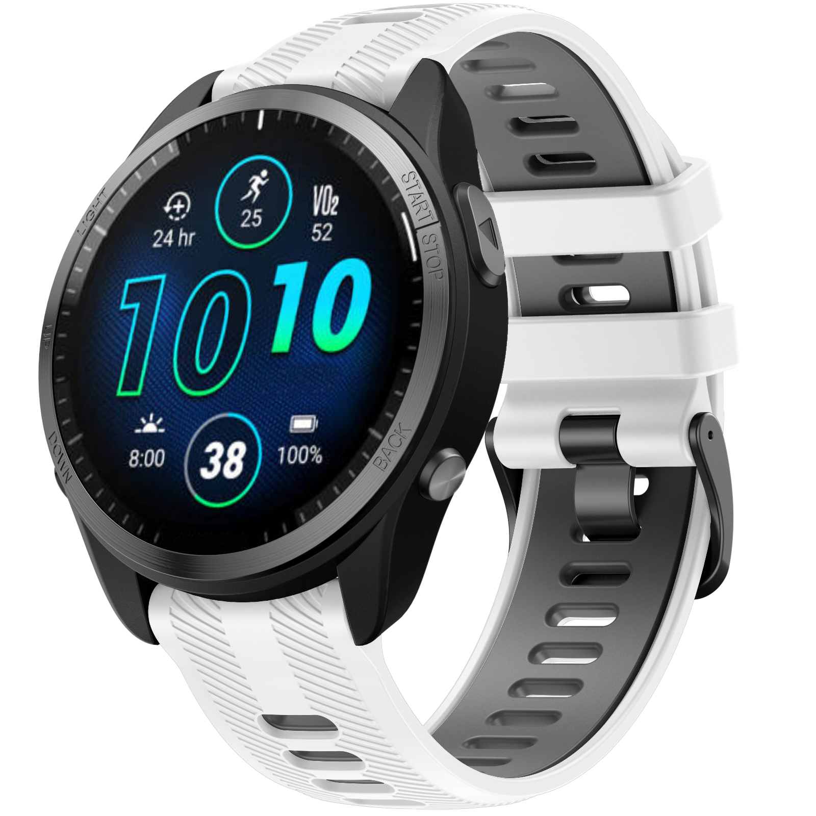 Uno smartwatch con cinturino bianco e grigio. Il quadrante mostra i dati in blu e verde.