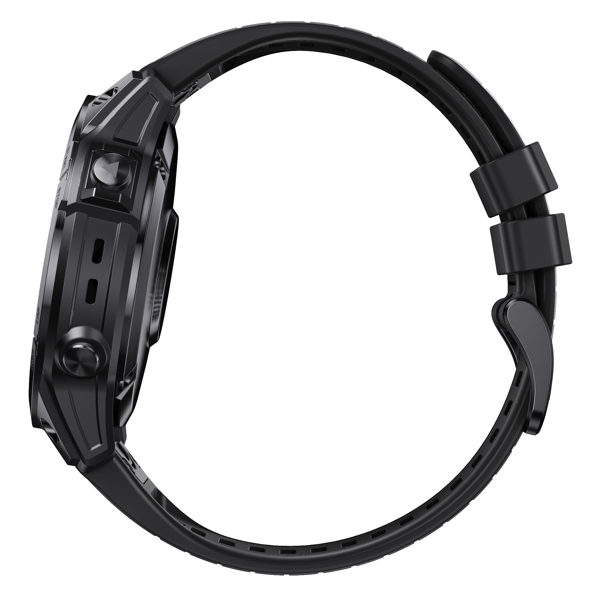 Seitenansicht einer schwarzen Smartwatch mit schwarzem Armband. Zeigt Knöpfe und ein geschwungenes Design.