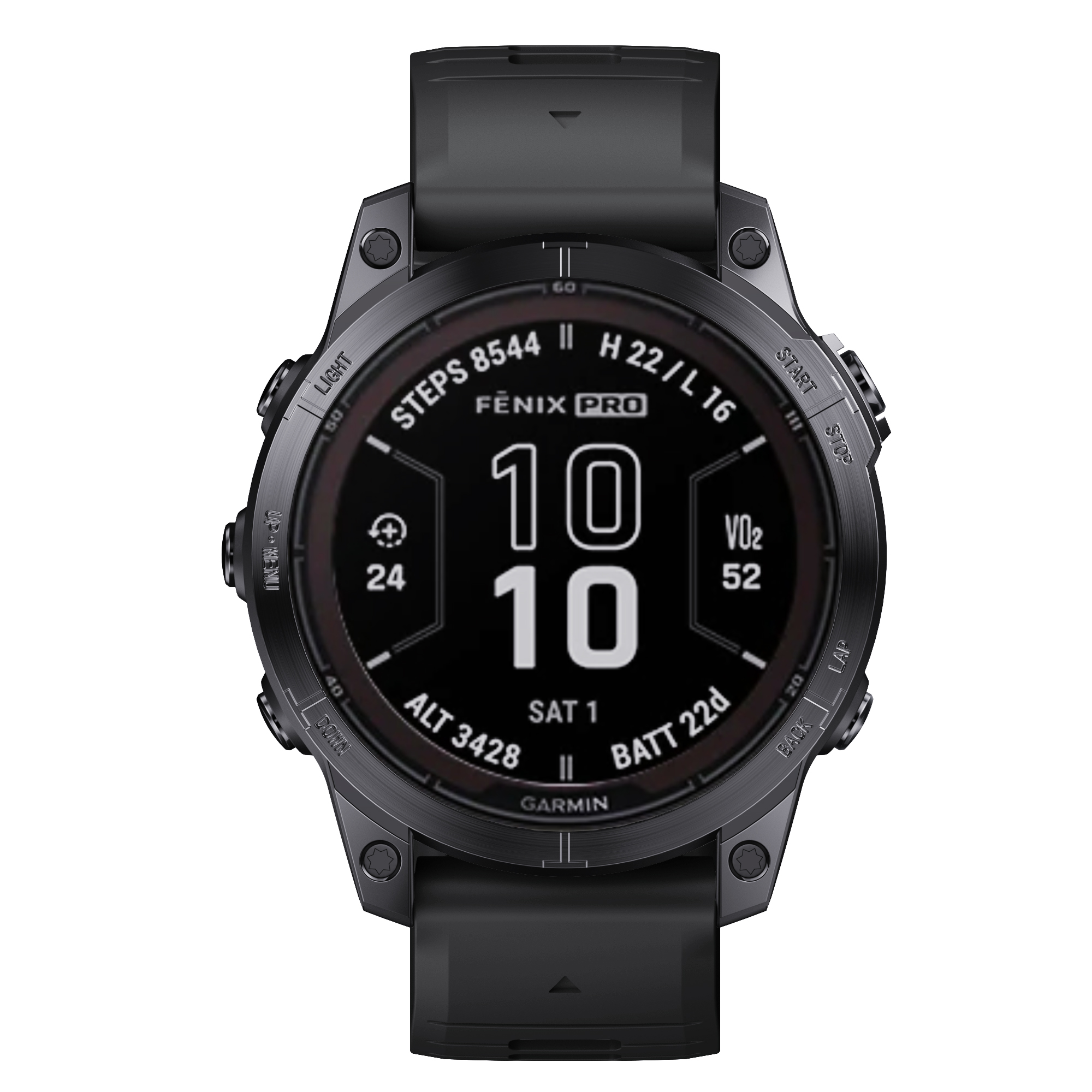 Schwarze Garmin Fenix Pro Smartwatch mit Anzeige von Schritten, Zeit und Gesundheitsdaten.