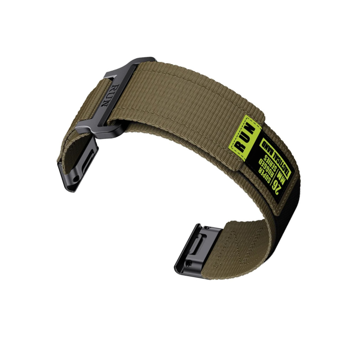 Olivgrünes Uhrenarmband mit schwarzer Schnalle und einem neongrünen RUN-Etikett.