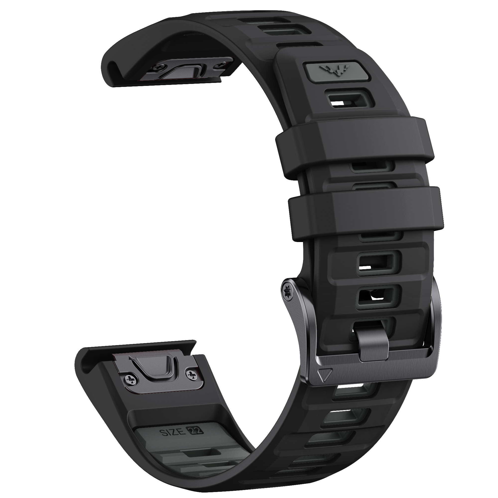 Schwarzes Uhrenarmband mit Metallverschluss. Das Armband hat ein geriffeltes Design und ist offen.