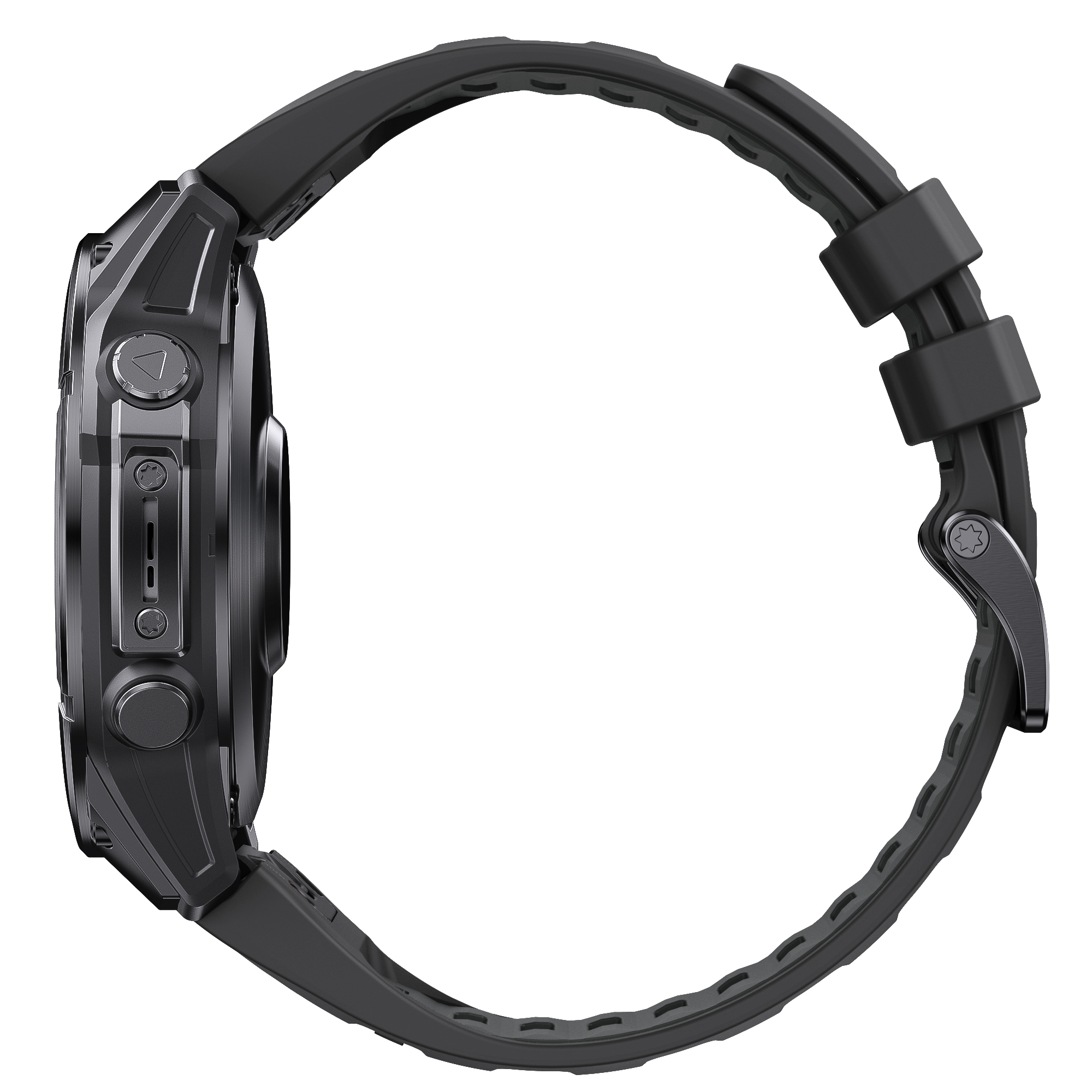 Schwarze Garmin Fenix Uhr im Profil, zeigt Seitentasten und schwarzes Armband.