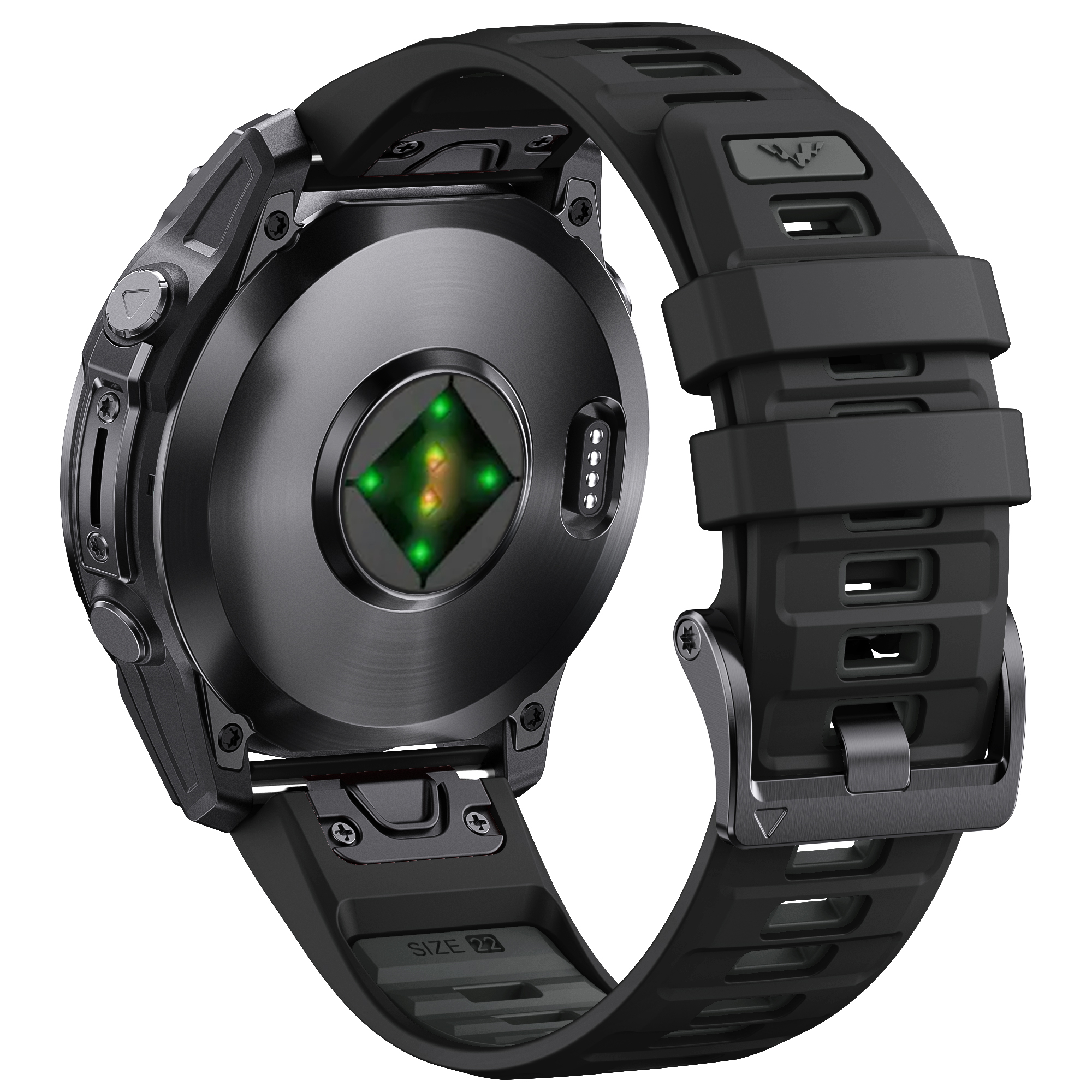 Rückseite der schwarzen Garmin-Uhr mit Sensoren und schwarzem Armband.