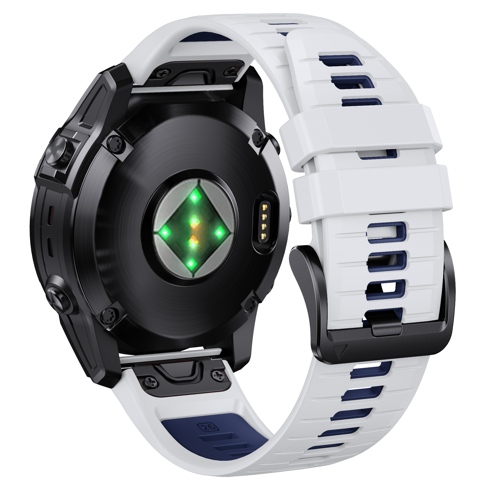 Rückansicht einer schwarzen Smartwatch mit weißem Band. Grünes Sensorlicht leuchtet. Isoliert.