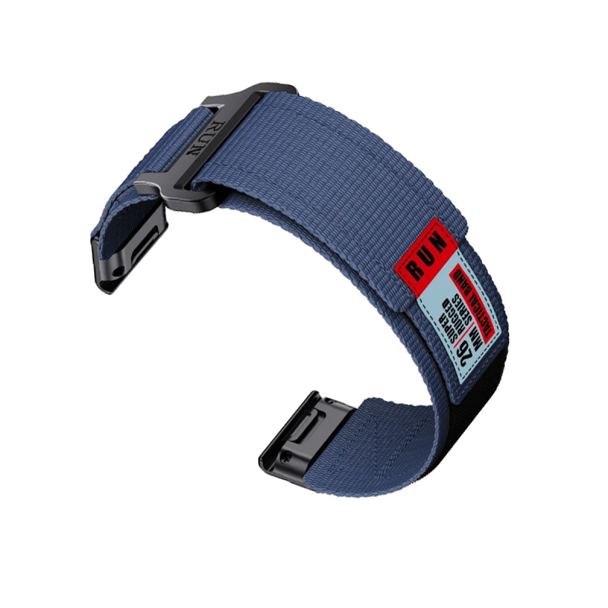 Blaues Uhrenarmband mit schwarzer Schnalle und rotem 'RUN'-Etikett auf weißem Hintergrund.