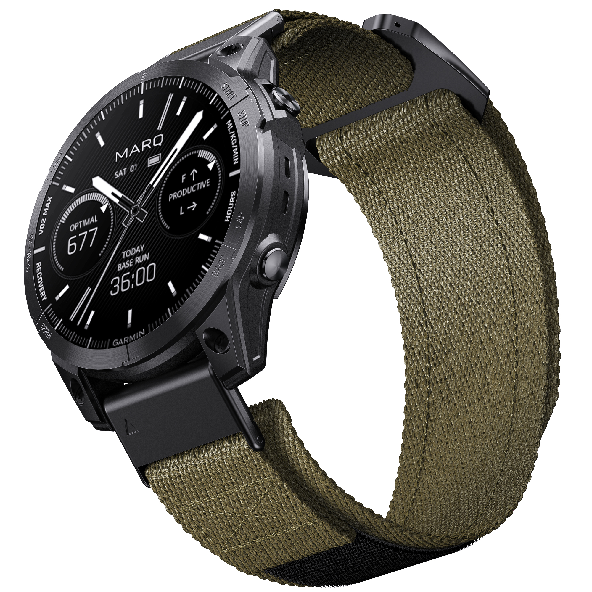 Schwarze Smartwatch mit grünem Armband auf weißem Hintergrund. Zeigt Zeit und Gesundheitsdaten. Garmin-Uhr.