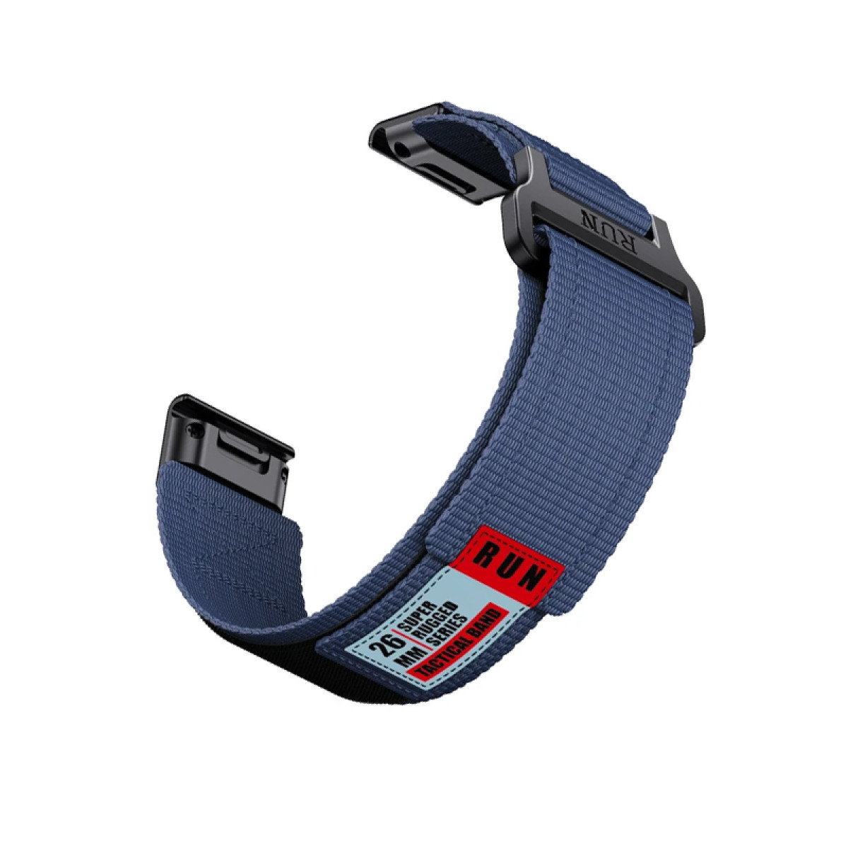 Blaues Nylon-Uhrenarmband mit schwarzer Hardware und einem roten "RUN"-Etikett.