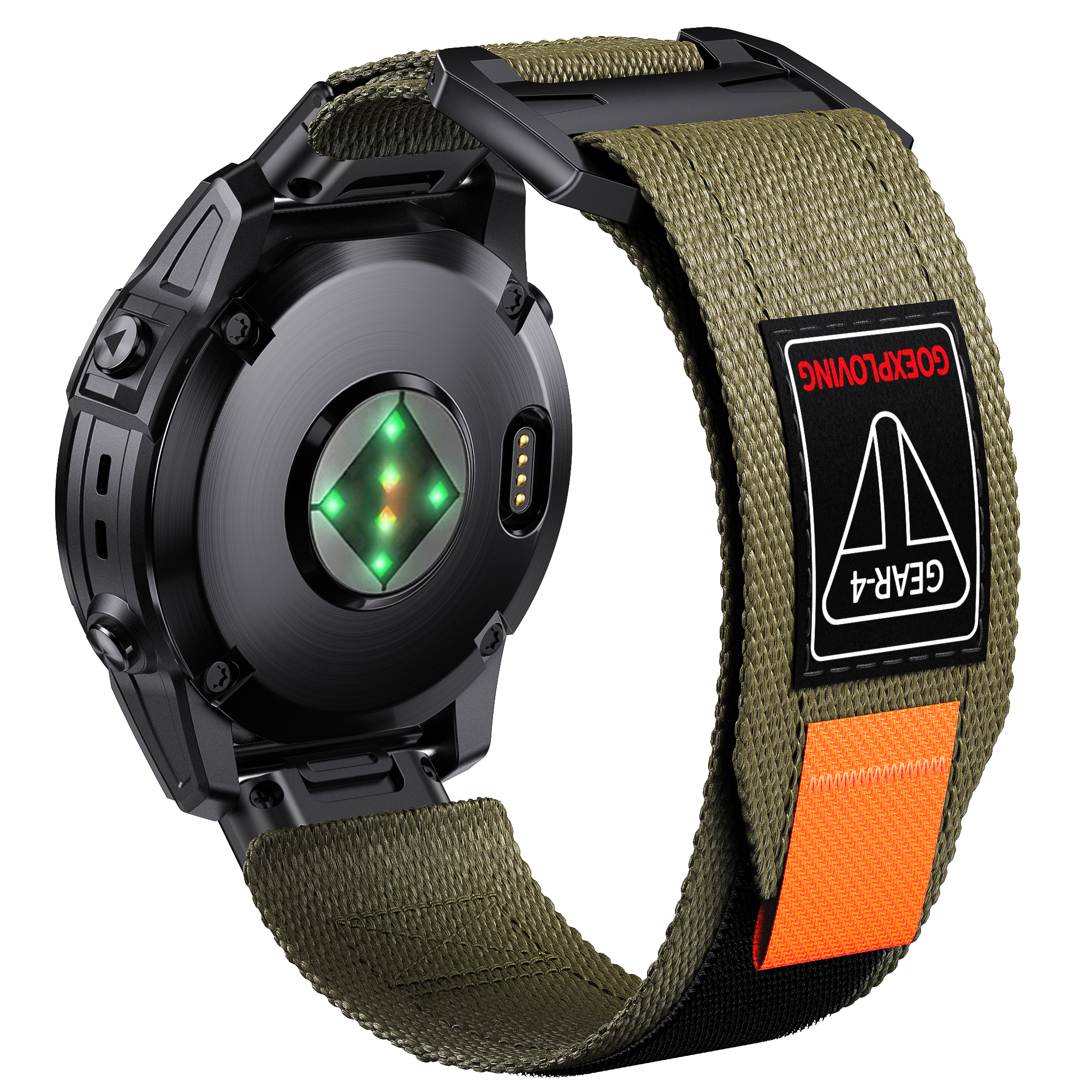 Rückansicht einer schwarzen Smartwatch mit grünem Armband, zeigt Sensor- und Banddetails. Isoliert.